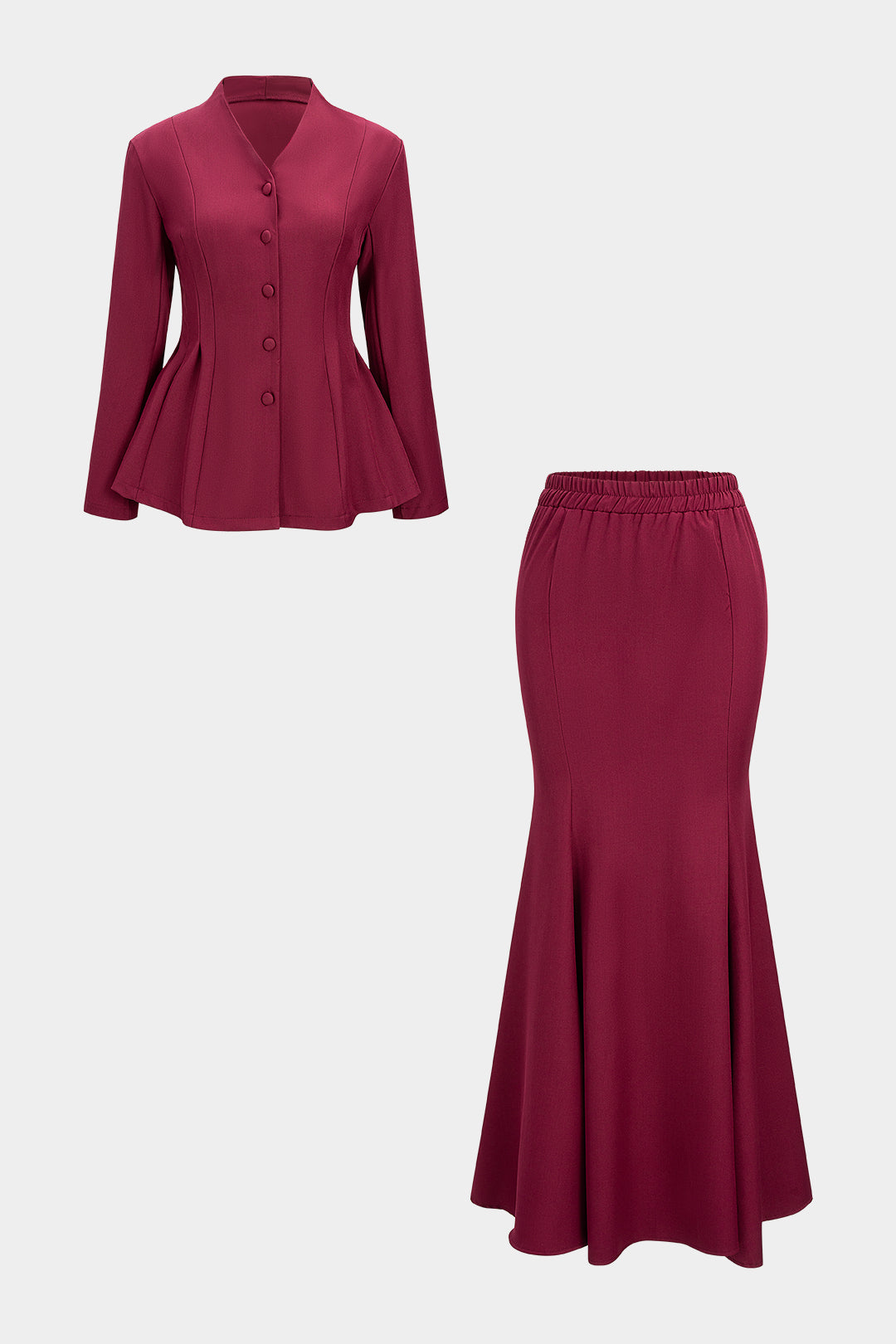 V-Neck Long-Sleeve Top And Shirred Waistband Mermaid Skirt Set