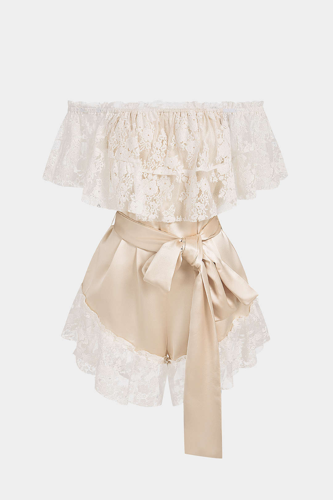 Satin Patchwork Lace Ruffle Tie-Up Hollow Out Sleeveless Romper