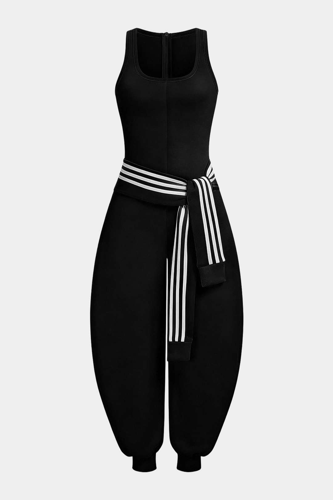 U-Neck Contrast Striped Tie-Up Zipper Barrel Jumpsuit