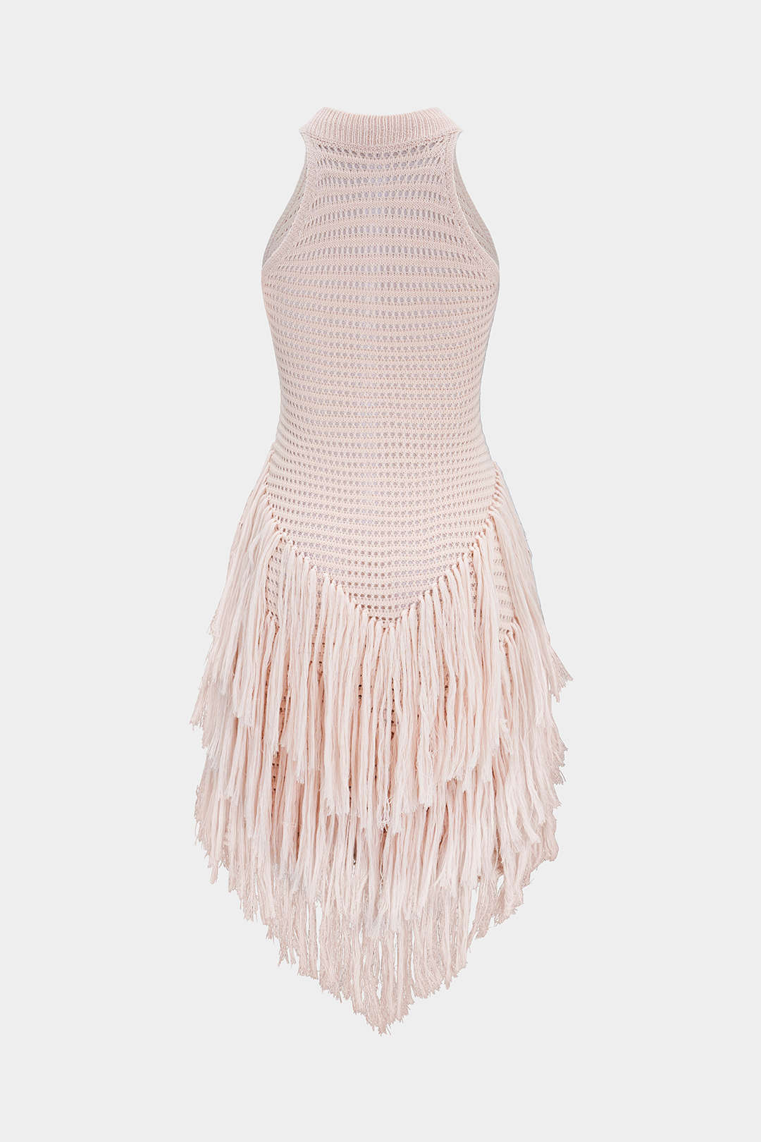 Mini-robe sans manches en maille ajourée à col rond et ourlet à franges