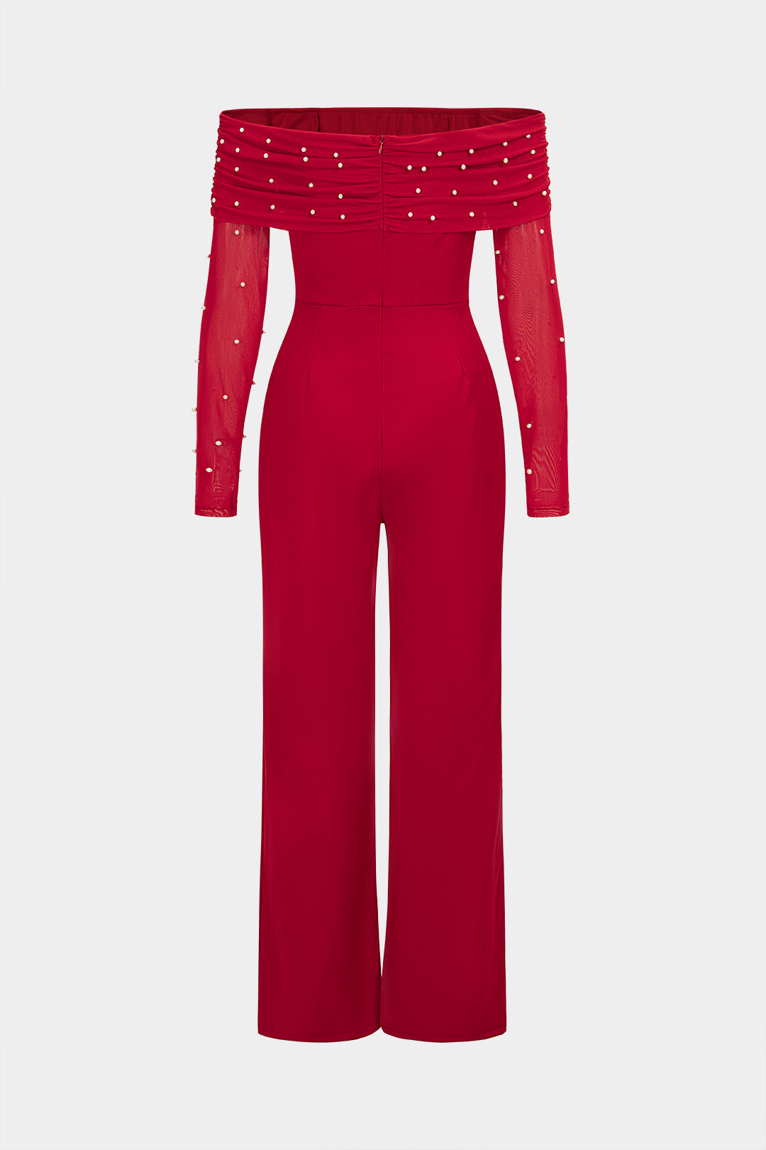 Pearl Decor Off-Shoulder Wide Leg Long Sleeve Jumpsuit