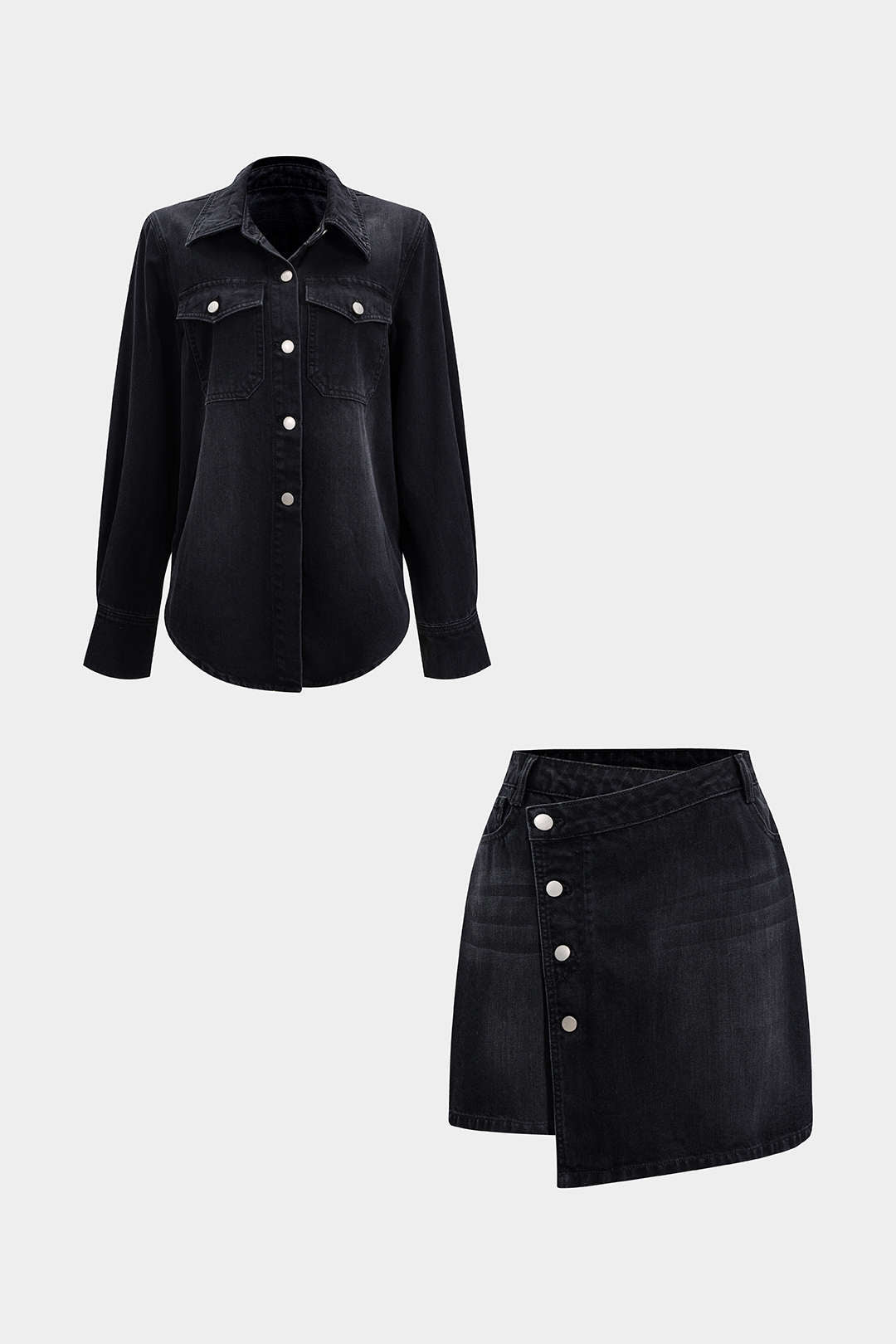 Denim-Knopf-Langarm-Top und High-Waist-Minirock-Set