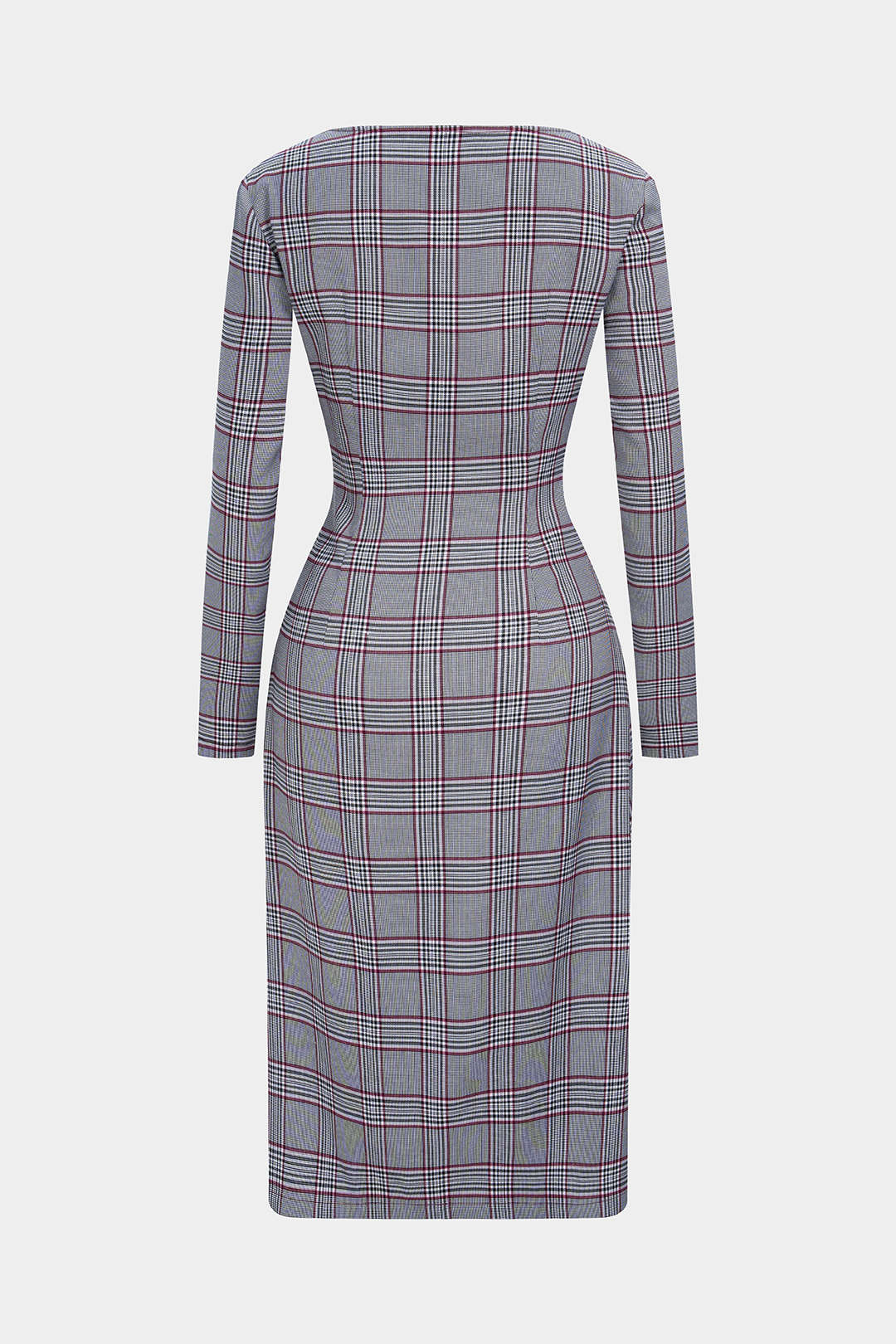 Plaid Print V-Neck Asymmetrical Ruched Long Sleeve Midi Dress