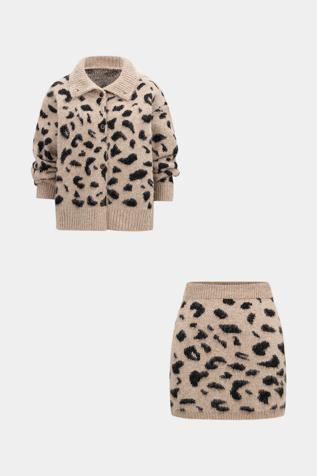 Strick-Leopardenmuster-Cardigan mit Knöpfen und Minirock-Set