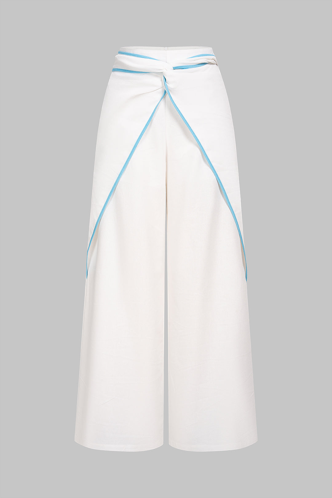 Contrast Binding Linen Ruched Twist Knot Wide Leg Pants