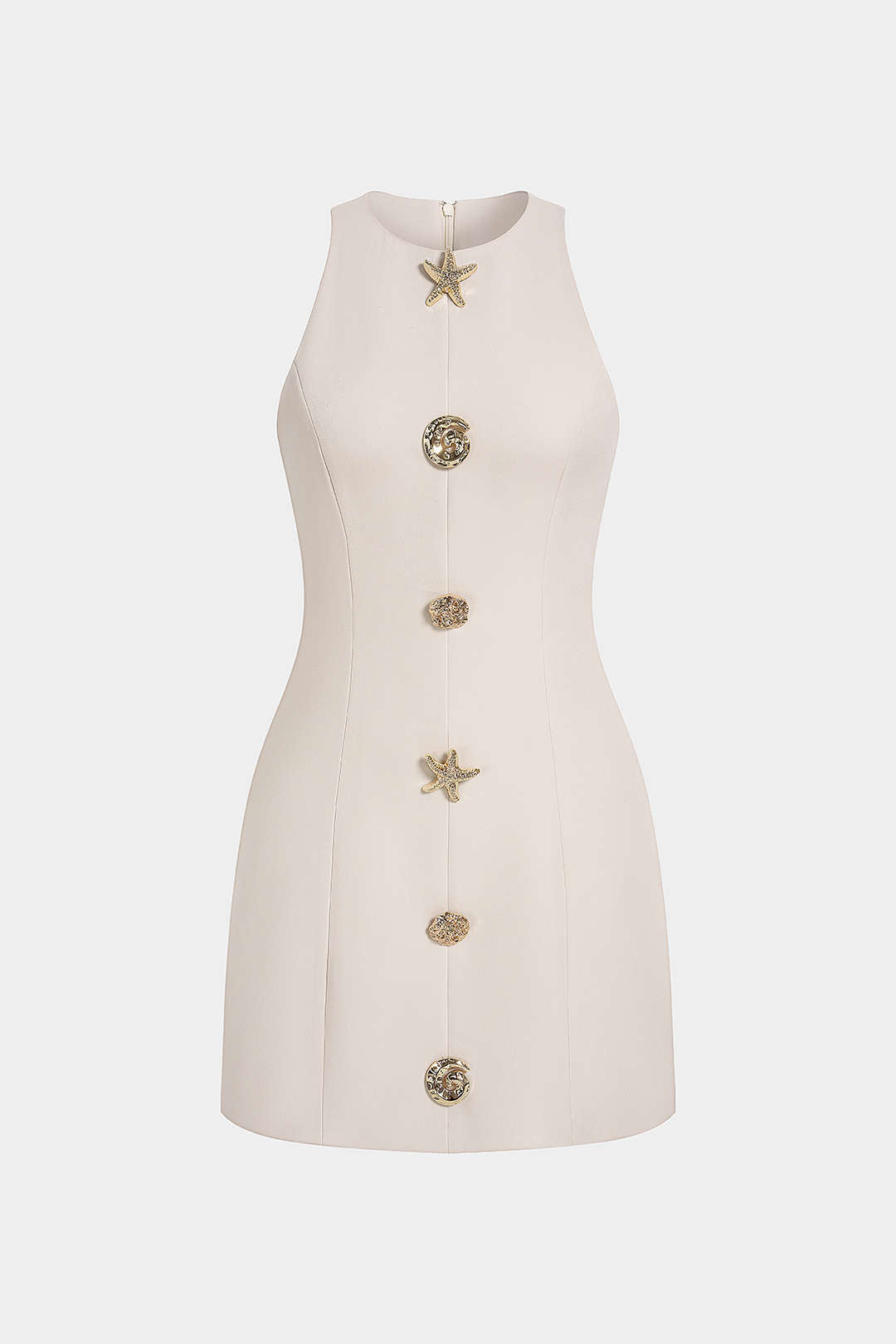 Round Neck Metallic Irregular Button Sleeveless Mini Dress