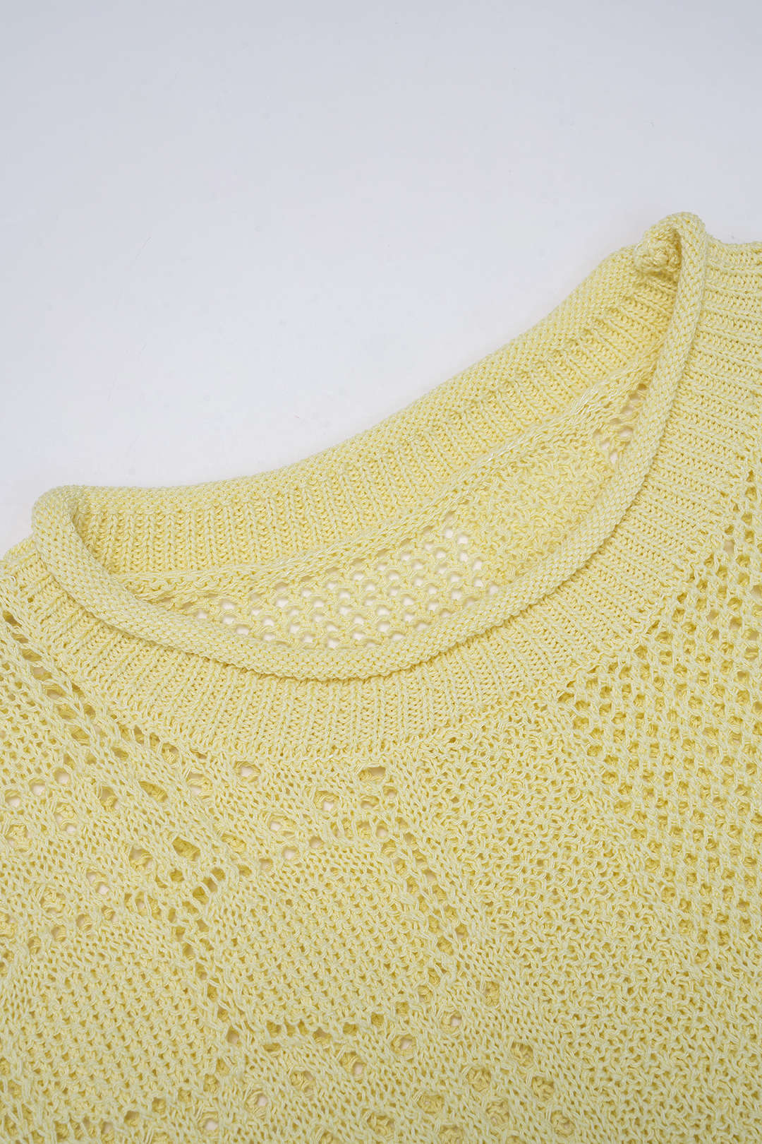 Open Knit Solid Geometric Round Neck Drawstring Long-Sleeve Top