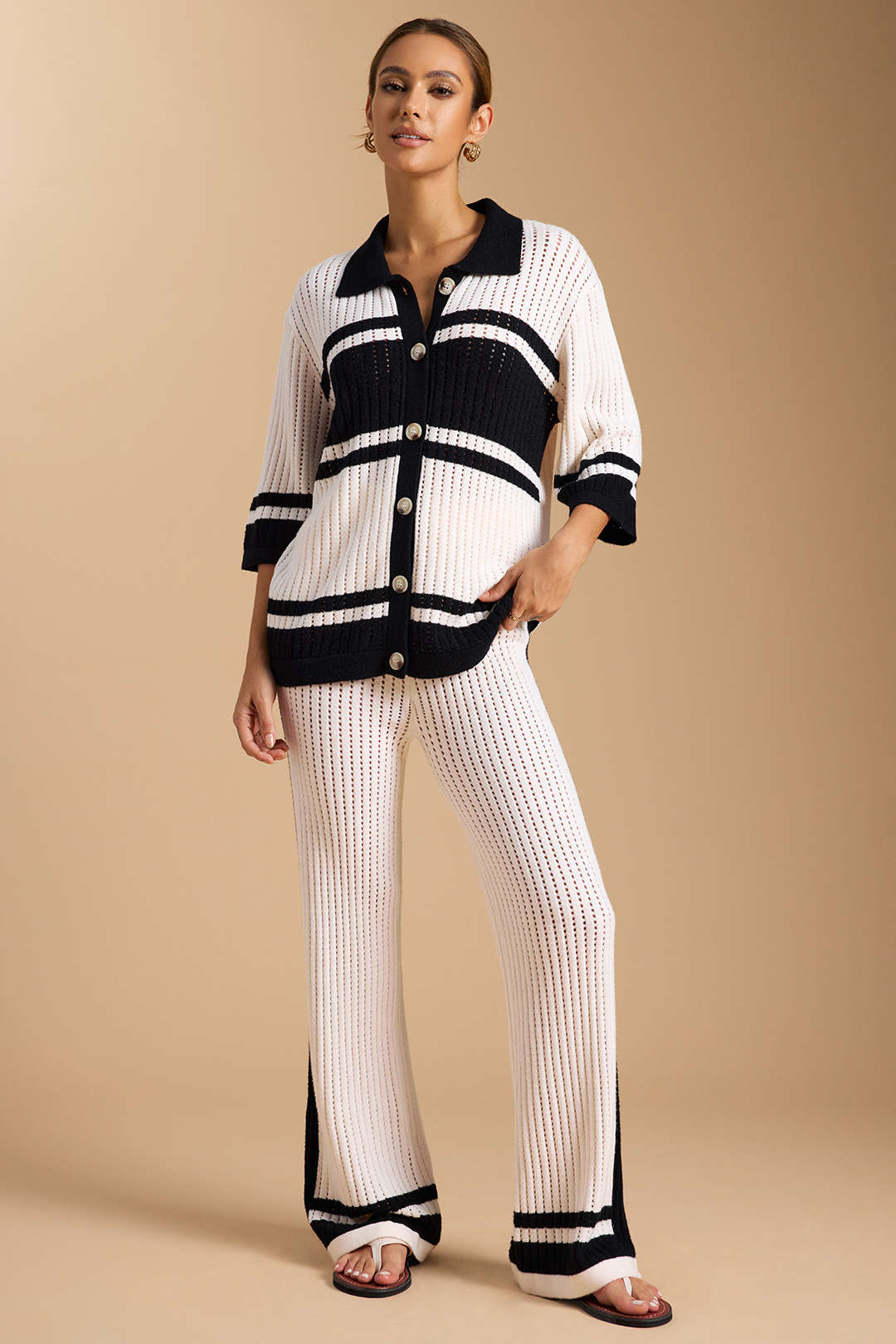 Knit Contrast Hollow Out Lapel Top And Drawstring Wide Leg Pants Set