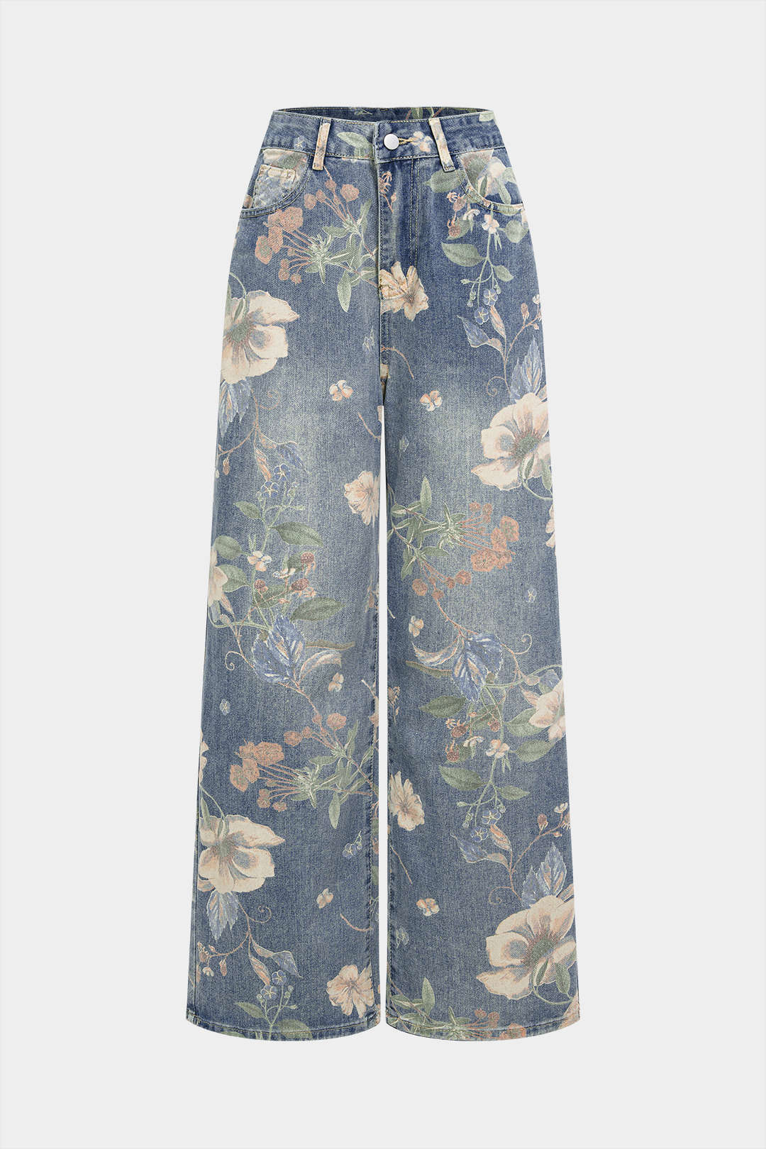 Jeans mit Blumenmuster und hohem Bund im geraden Schnitt