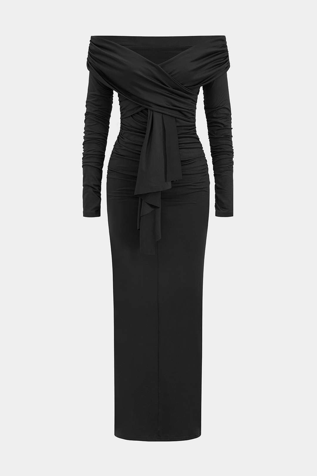 Robe longue drapée à épaules dénudées et ruchées