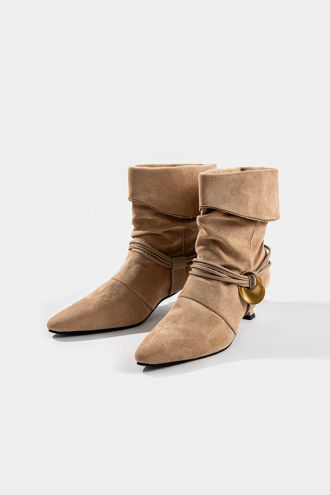 Suede Metallic Decor Pointed Ankle Boots