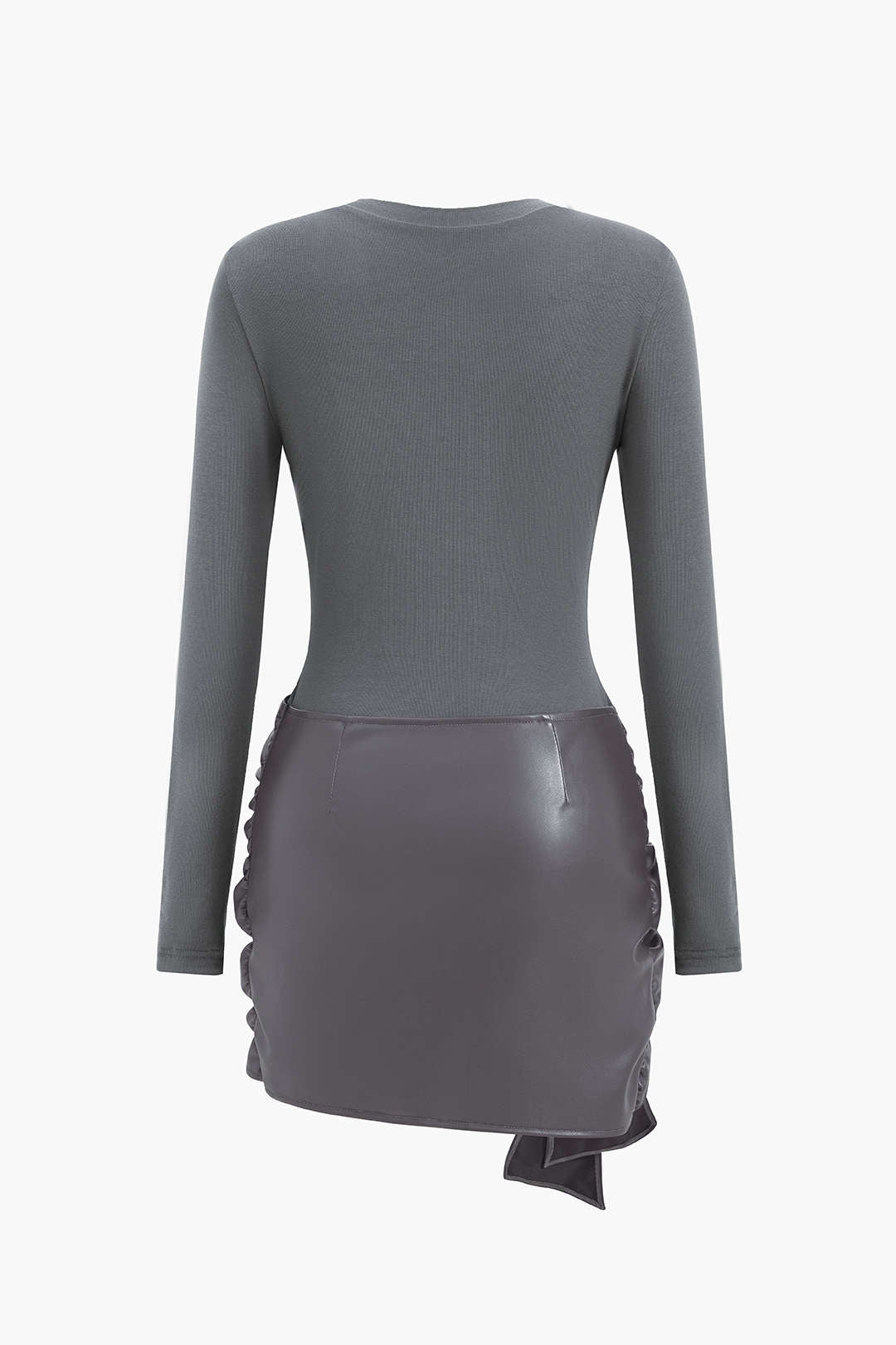 Faux Leather Patchwork Tie Front Round Neck Ruched Mini Dress