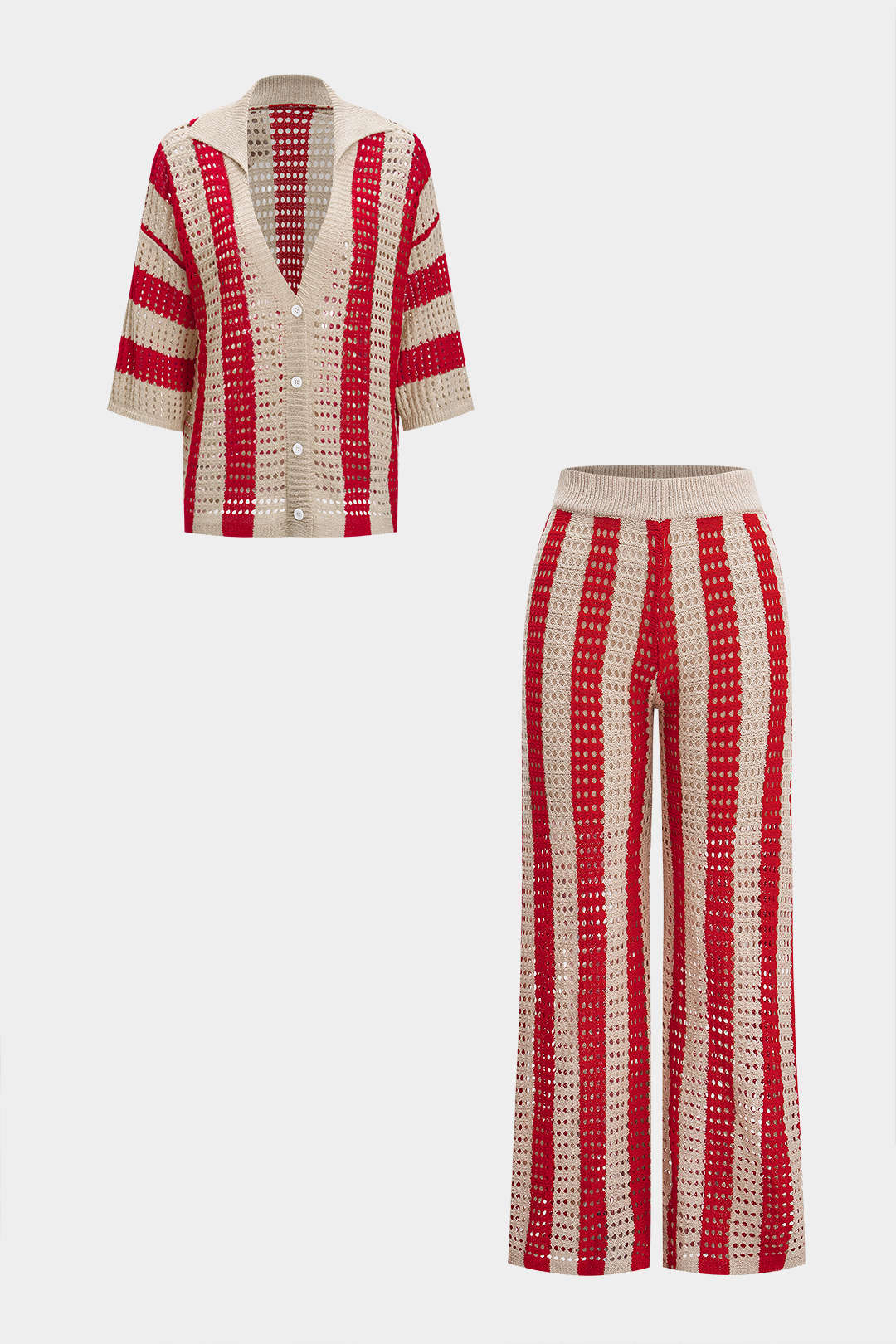 Knit Cut Out Contrast Short-Sleeve Top And Pants Set