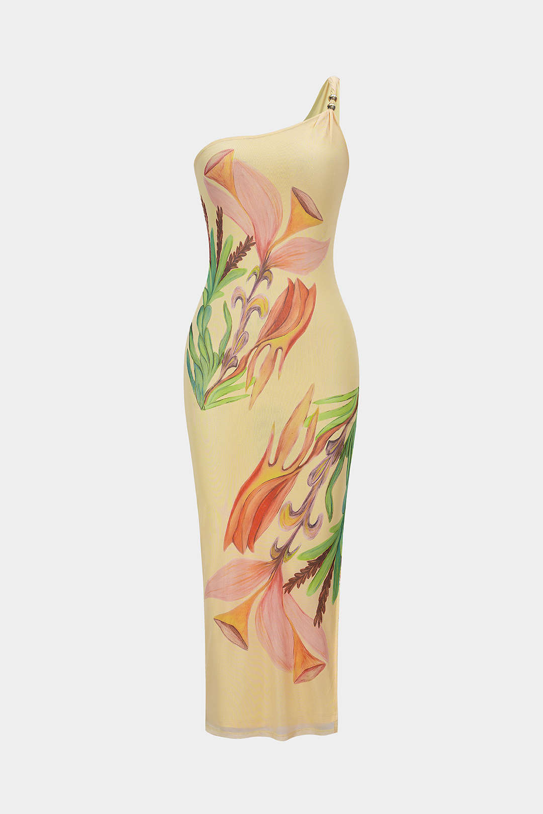 Blumenmuster Mesh Asymmetrisches One-Shoulder-Twist-Knoten Ärmelloses Midikleid