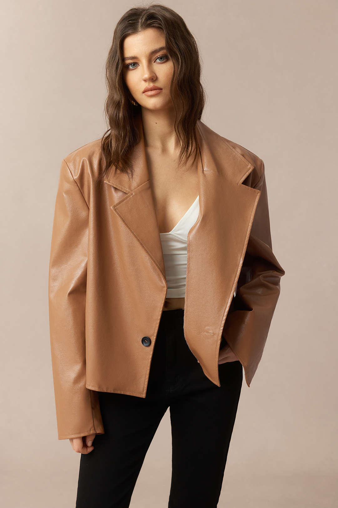 Faux Leather Notched Lapel Jacket