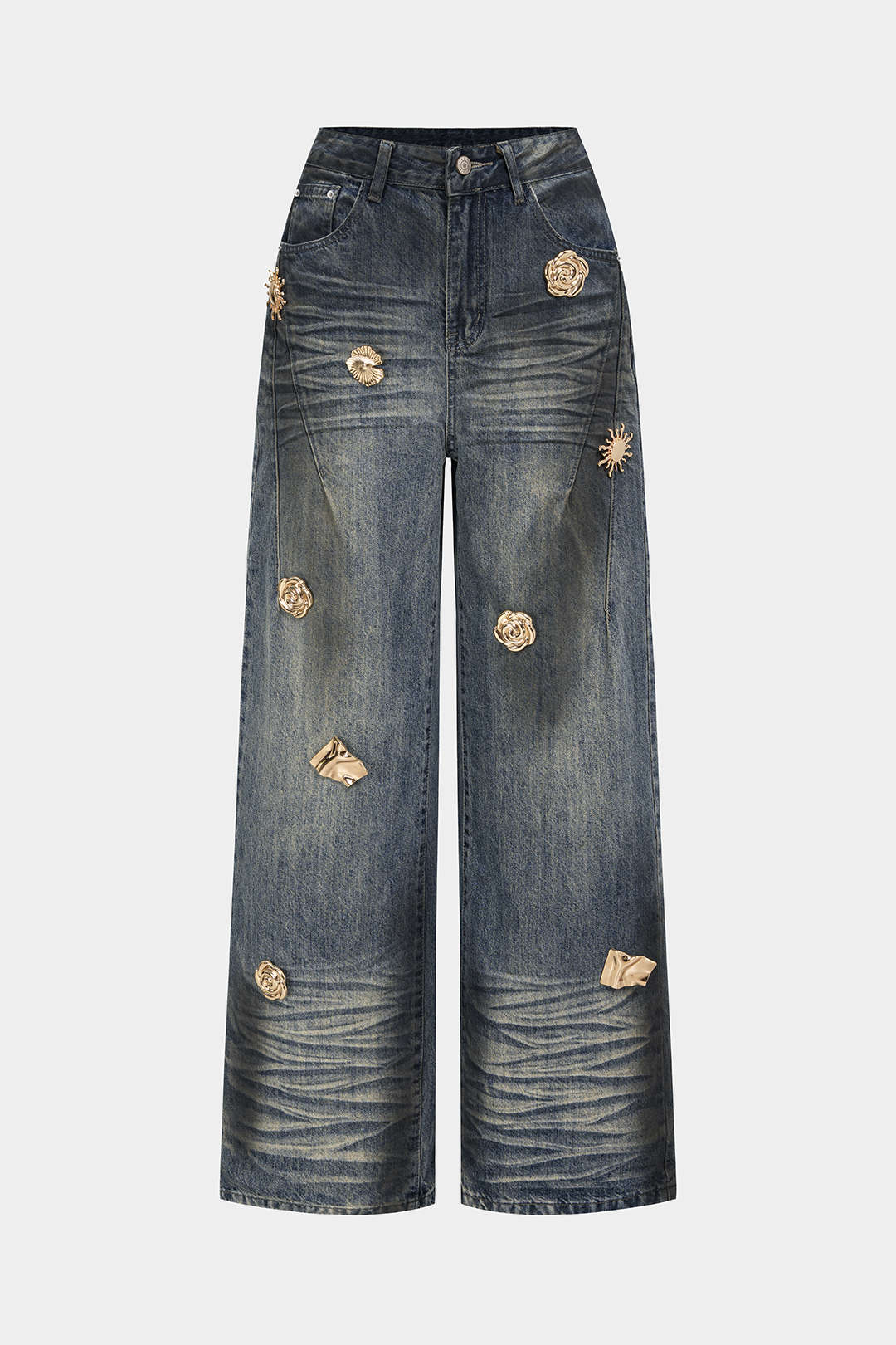 Jeans mit hohem Bund, Metallic-Dekor und Denim-Optik