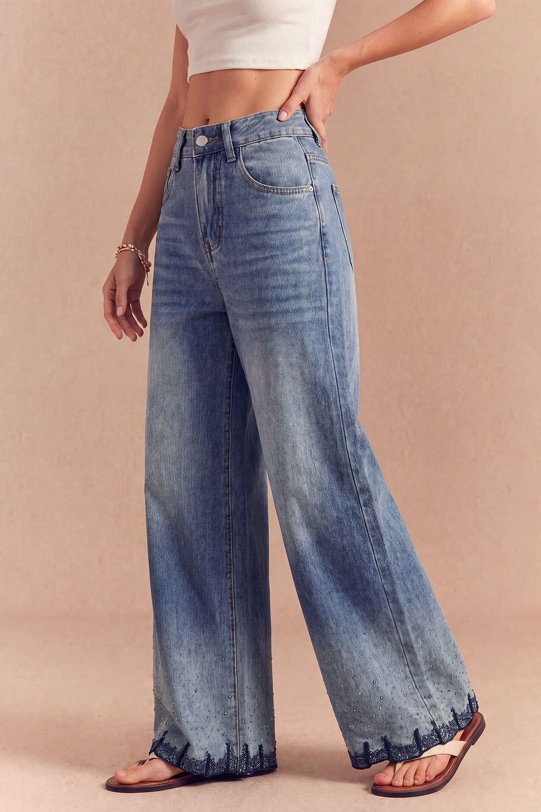 Denim Rhinestone Embroidery High Waist Straight Leg Jeans