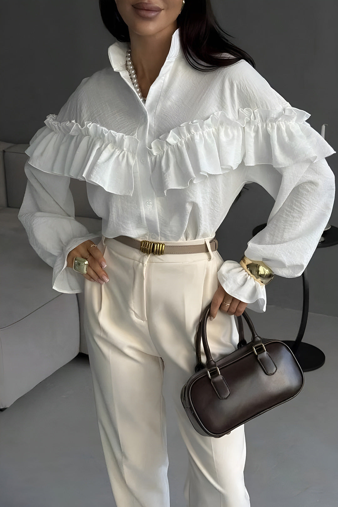 Solid Ruffle Long-Sleeve Shirt