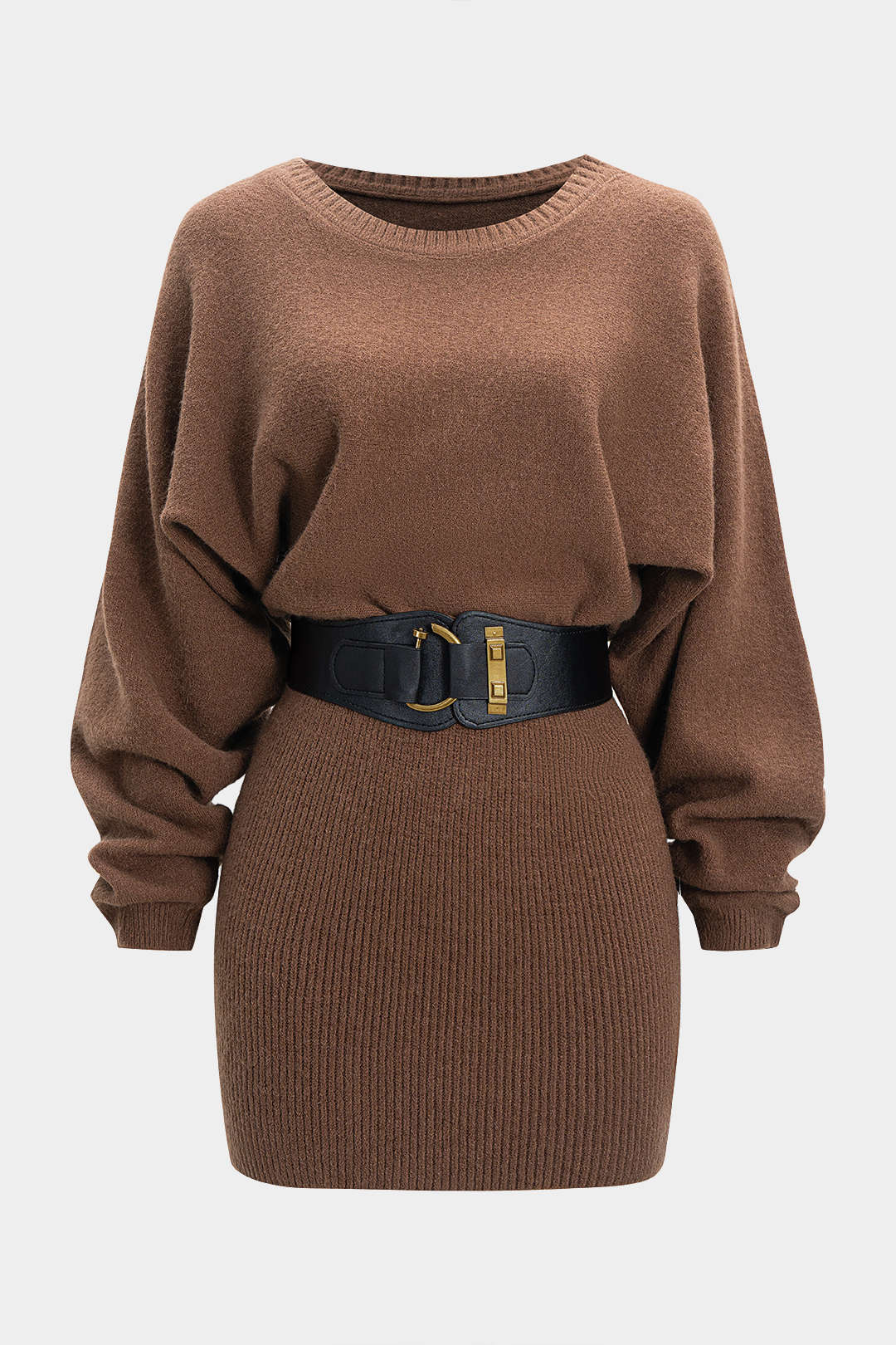Knit Belted Batwing Long-Sleeve Mini Dress