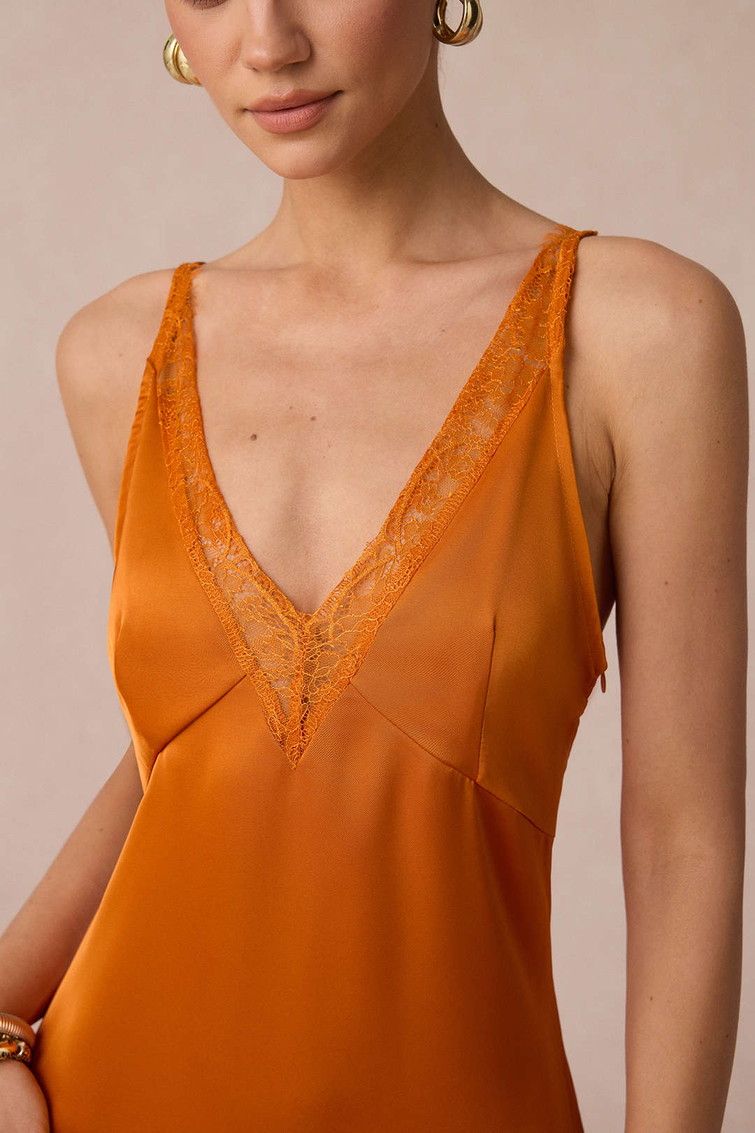 Satin Patchwork Lace V-Neck Slip Sleeveless Maxi Dress