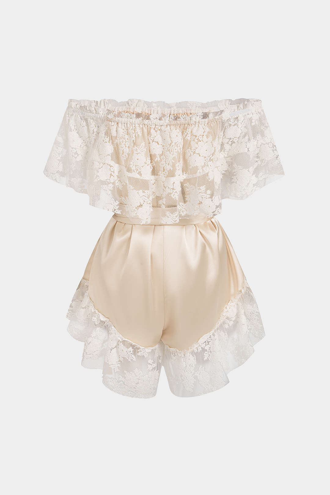 Satin Patchwork Lace Ruffle Tie-Up Hollow Out Sleeveless Romper
