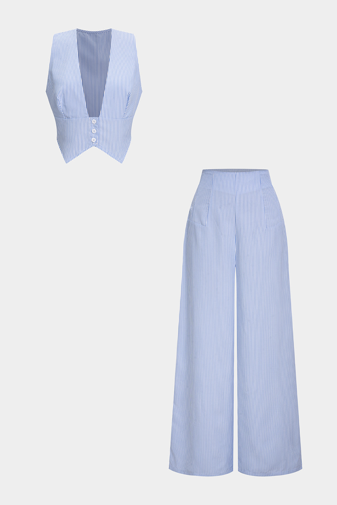 Striped Deep V-Neck Button Vest And High Waist Wide-Leg Pants Set