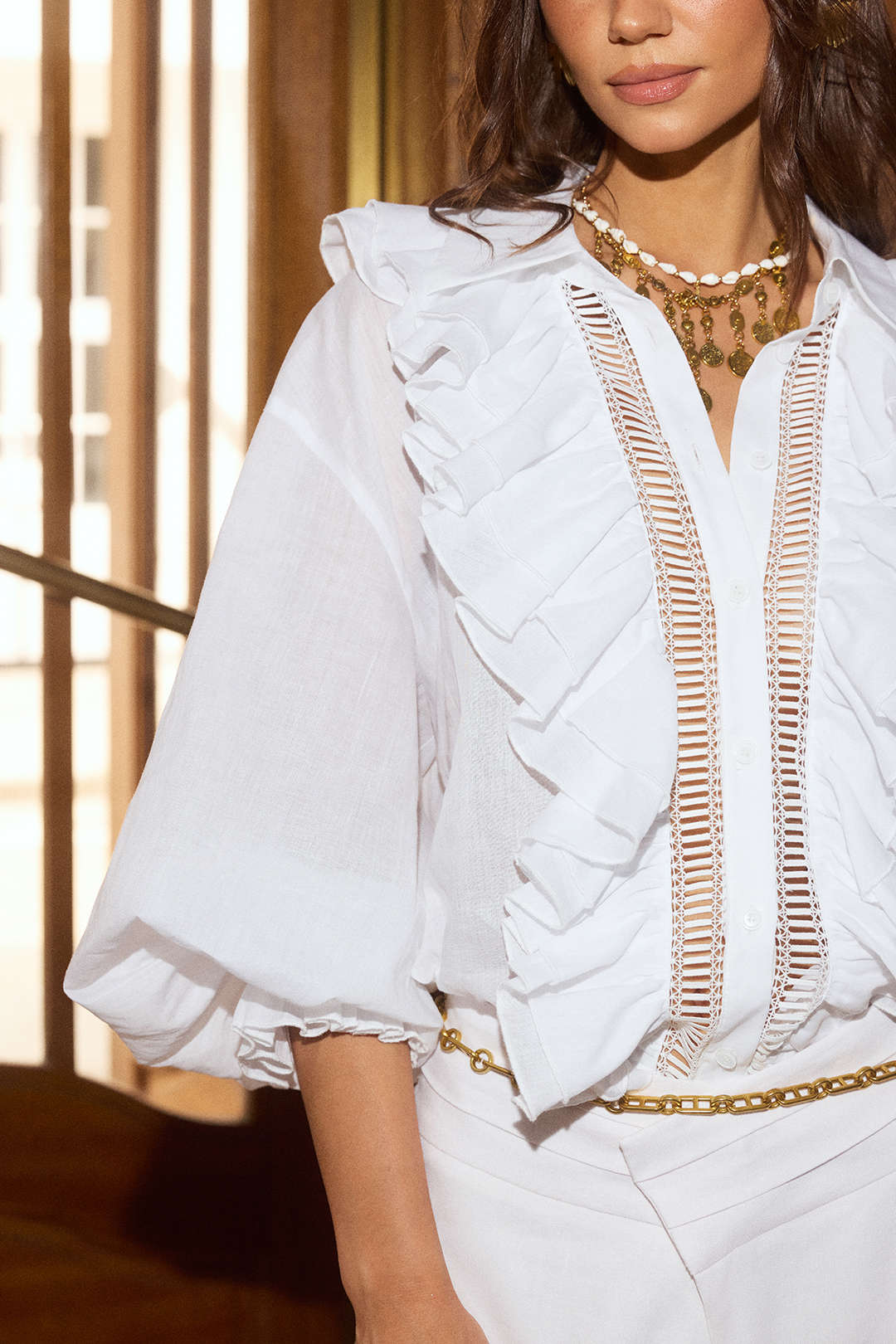 V-Neck Hollow Out Ruffle Bell Long-Sleeve Shirt