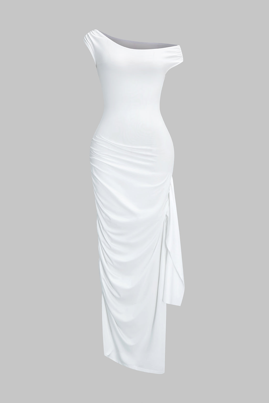 Robe longue asymétrique froncée à épaules dénudées