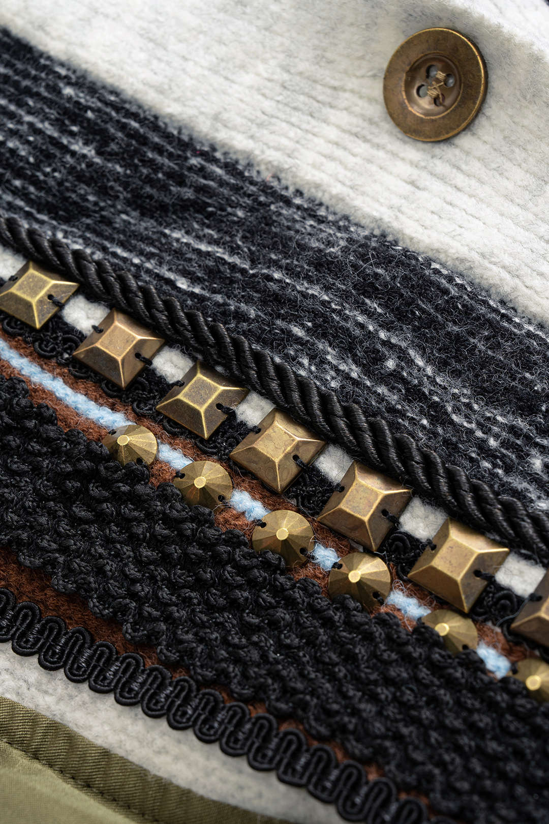 Knit Patchwork V-Neck Studded Fringe Decor Puffer