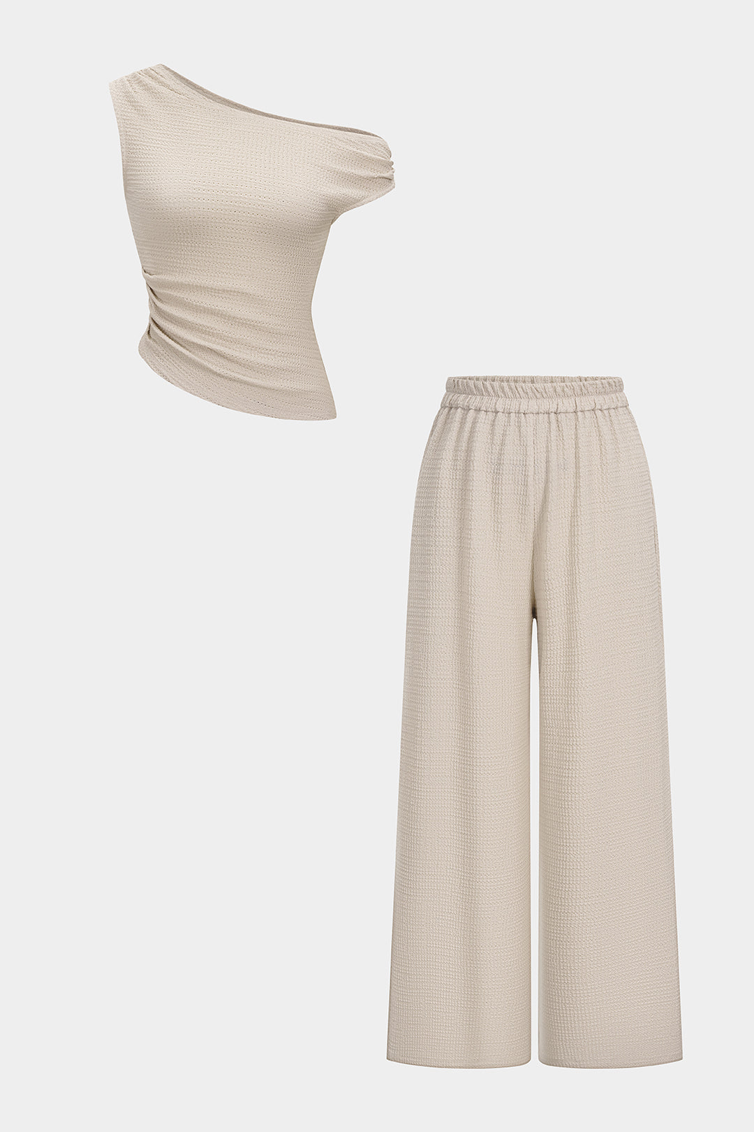 Set aus gerafftem, texturiertem One-Shoulder-Top und weit geschnittener Hose mit Gummibund