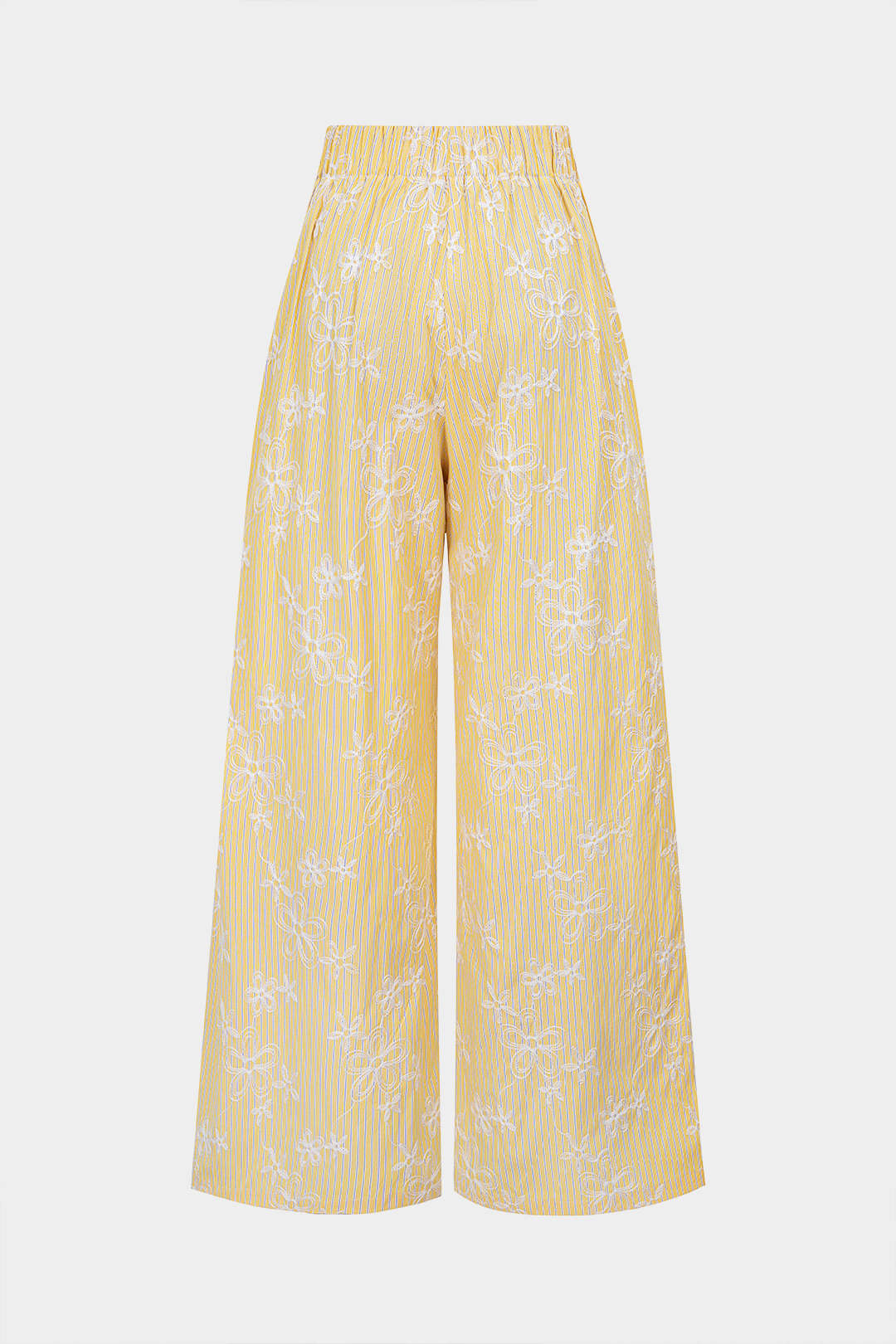 Gestreifte Hose mit Blumenmuster, texturiertem gerafftem Bund und geknöpftem, gerafftem weitem Bein