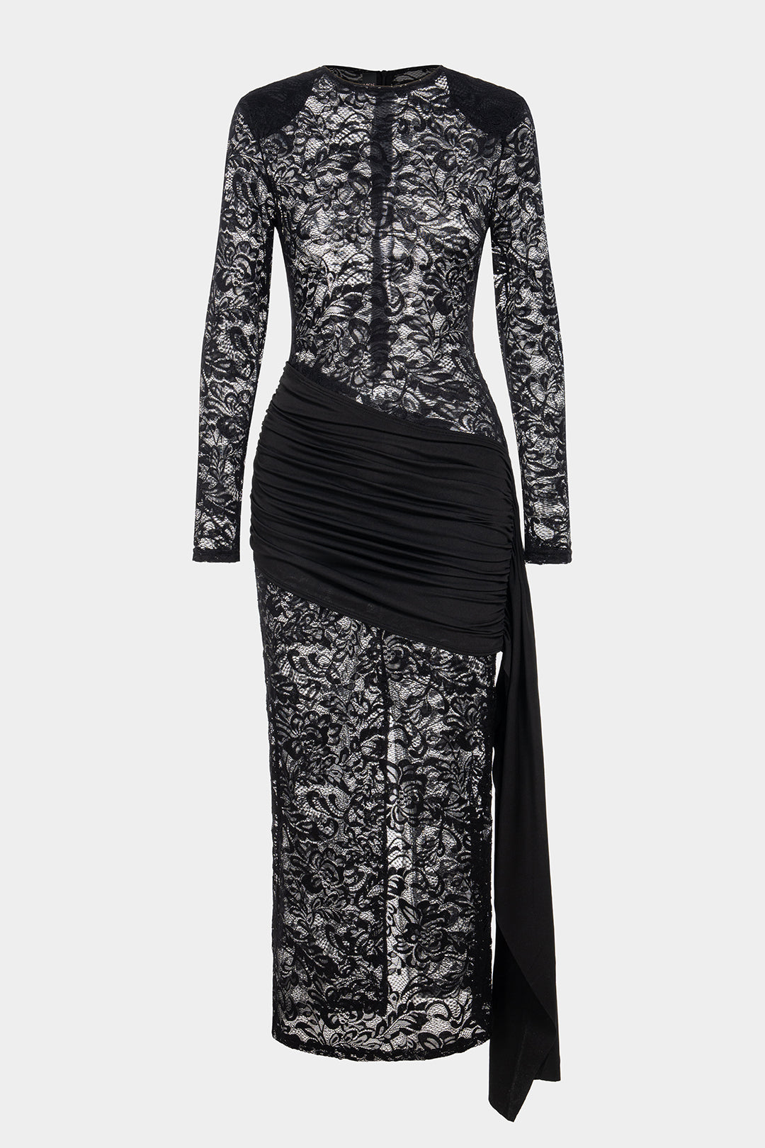 Midi-Kleid mit transparentem Spitzenrundhalsausschnitt, asymmetrischen Raffungen und langen Ärmeln zum Binden