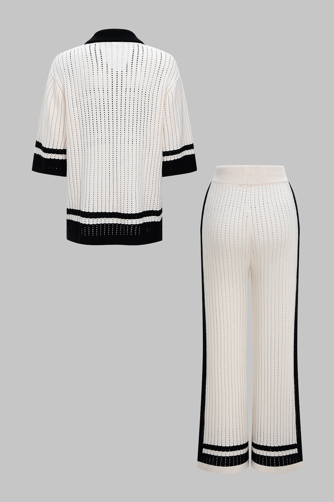 Knit Contrast Hollow Out Lapel Top And Drawstring Wide Leg Pants Set