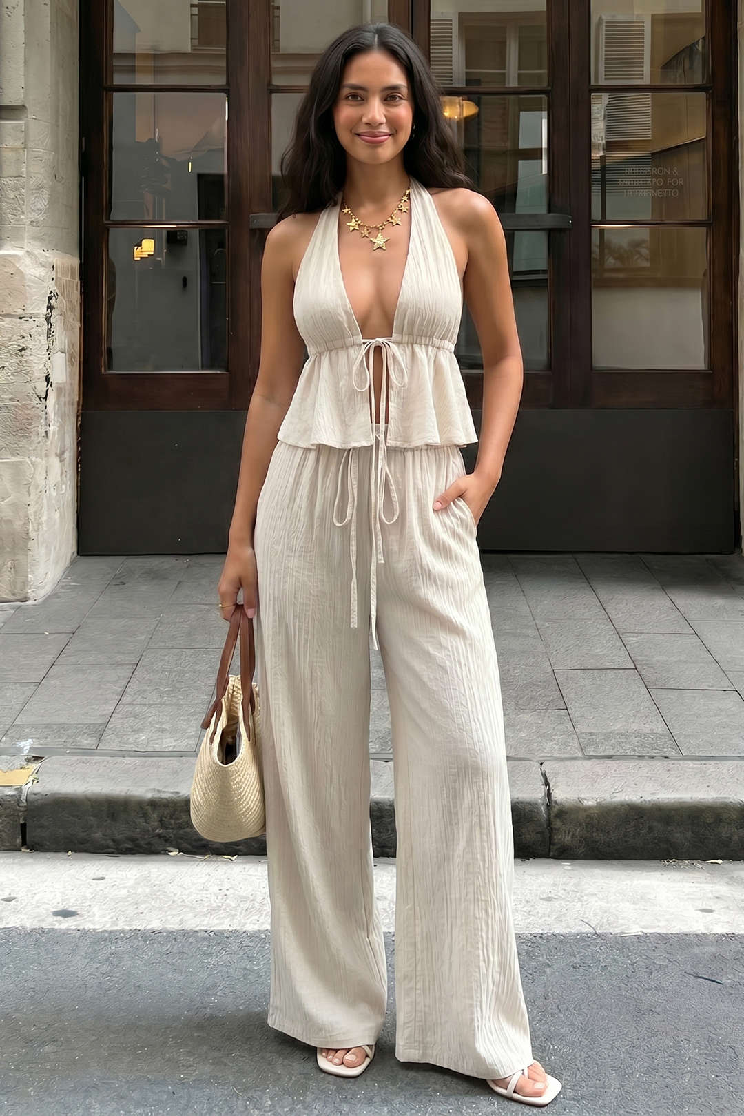 Neckholder-Top mit V-Ausschnitt, rückenfrei, zum Binden und weit geschnittene Hose Set