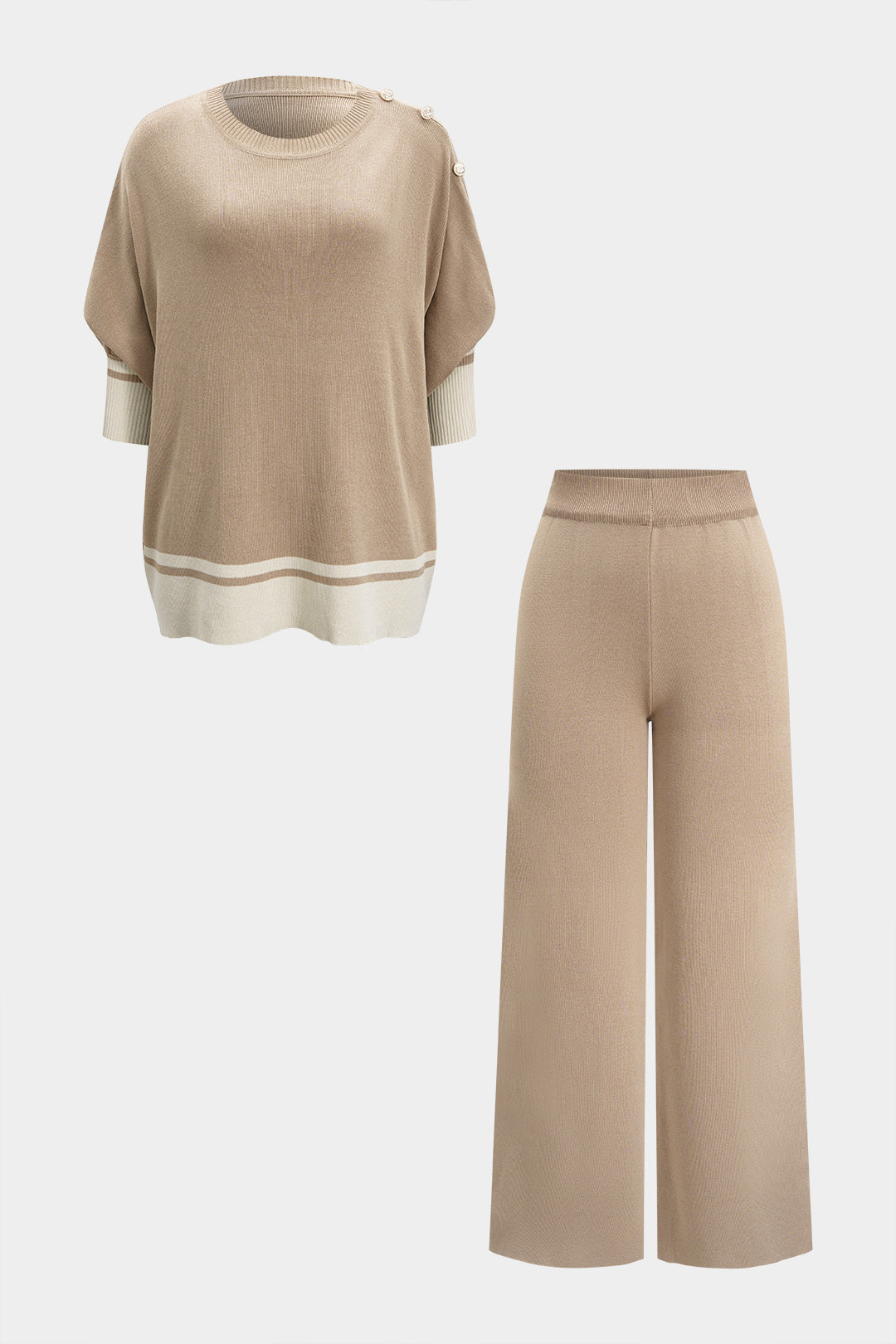 Knit Contrast Metallic Button Short-Sleeved Top And Wide Leg Pants Set