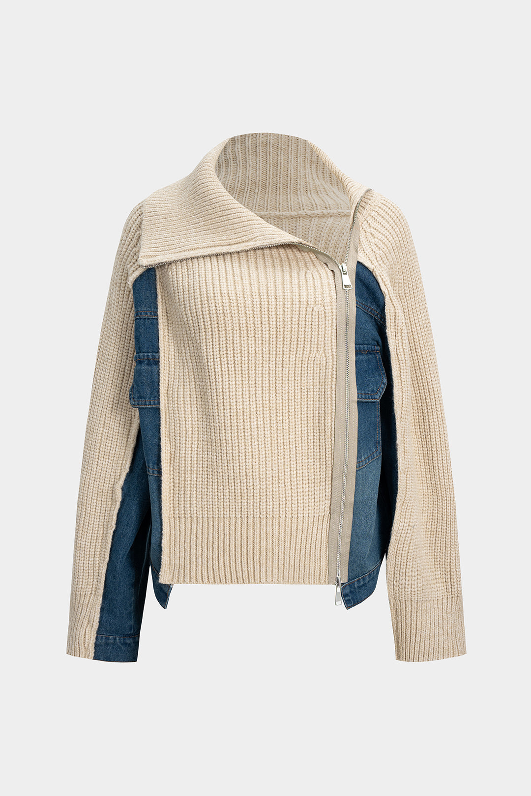 Knit Denim Patchwork Asymmetric Zipper Cardigan
