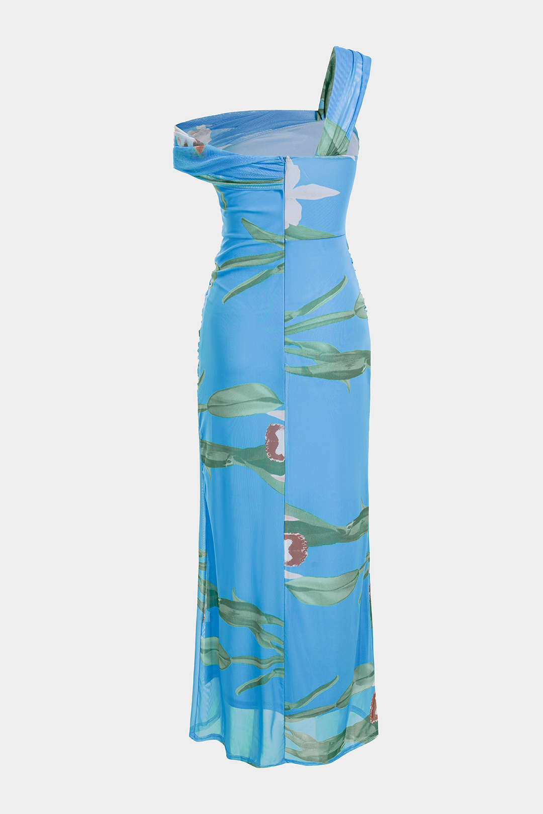 Geblümtes Mesh-Patchwork-Maxikleid mit One-Shoulder-Träger und ärmellosem, trägerlosem Oberteil