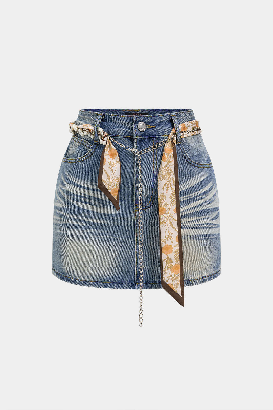 Jupe taille haute en jean avec chaîne et ceinture