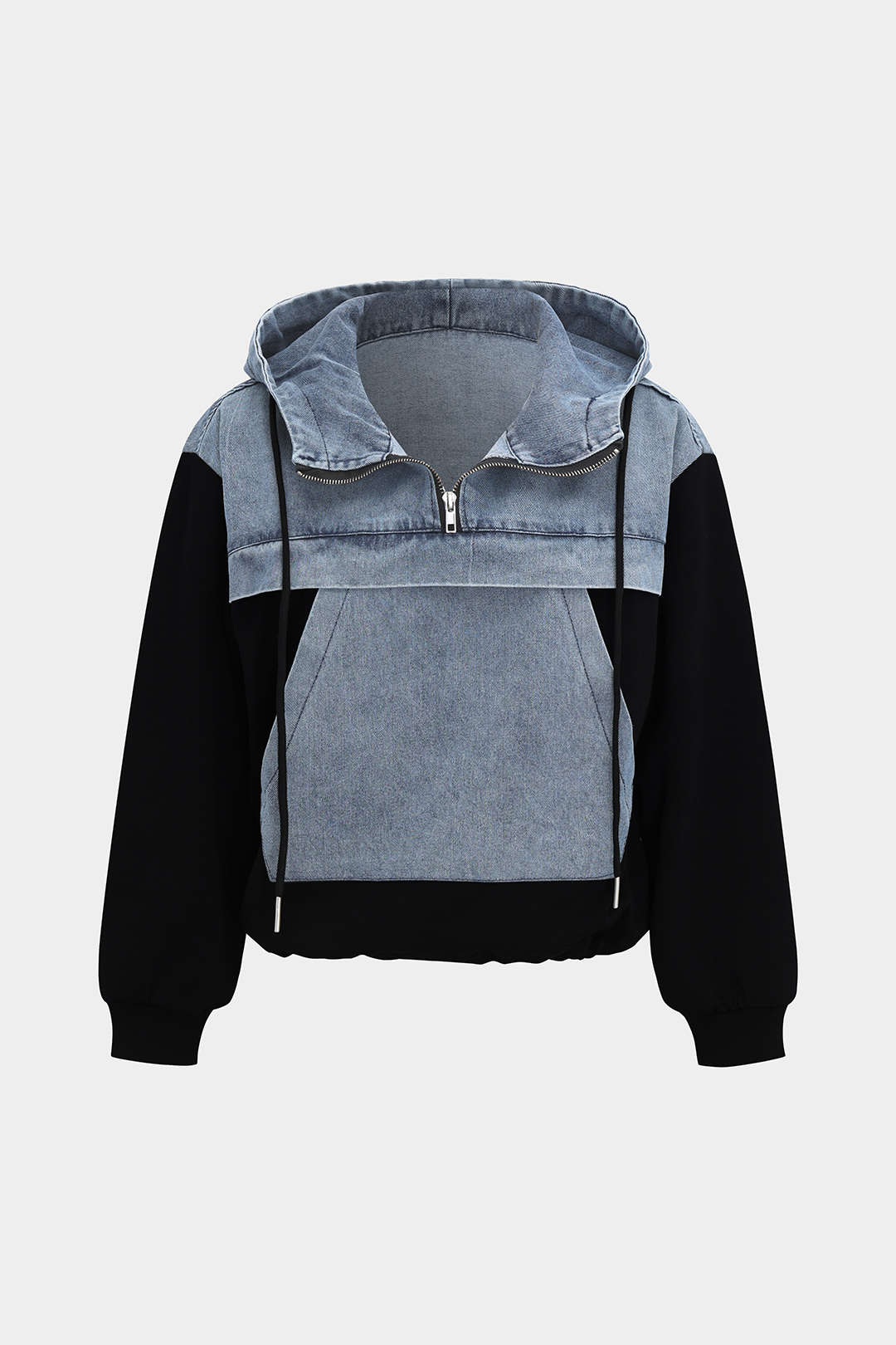 Denim Patchwork Long-Sleeve Hoodie