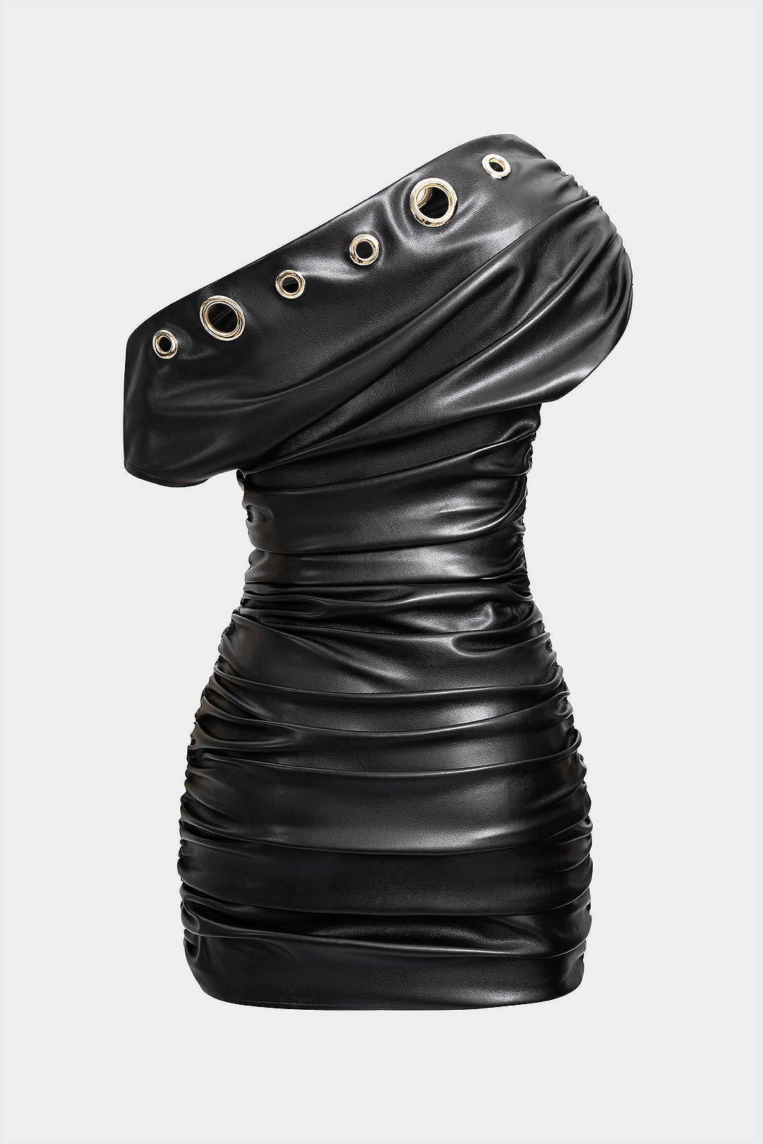 Minikleid aus Kunstleder mit metallischen Ösen und geraffter One-Shoulder-Partie