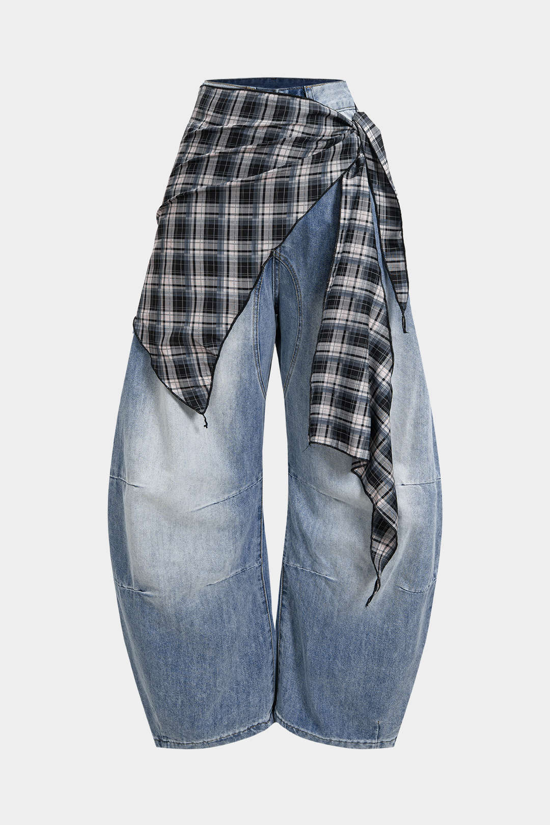 Denim Plaid Print Asymmetrical Tie-Up Wide Leg Jeans
