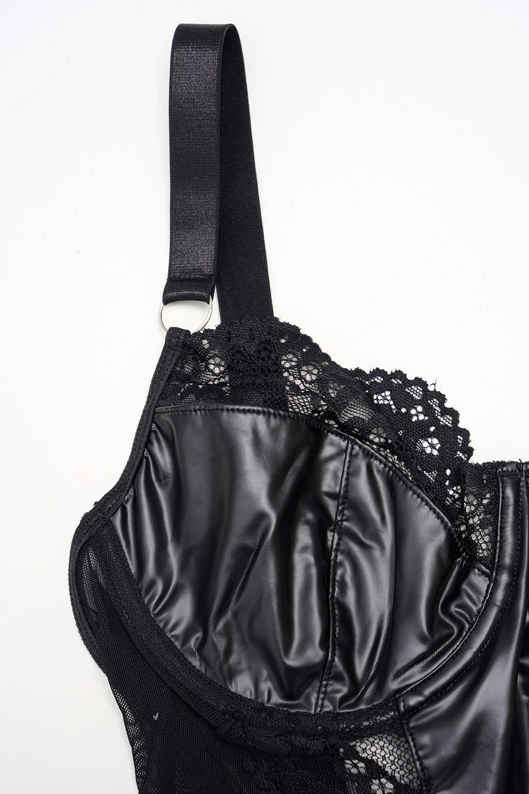 Body Léger sans Manches Moulant en Faux Cuir, Maille et Dentelle Patchwork