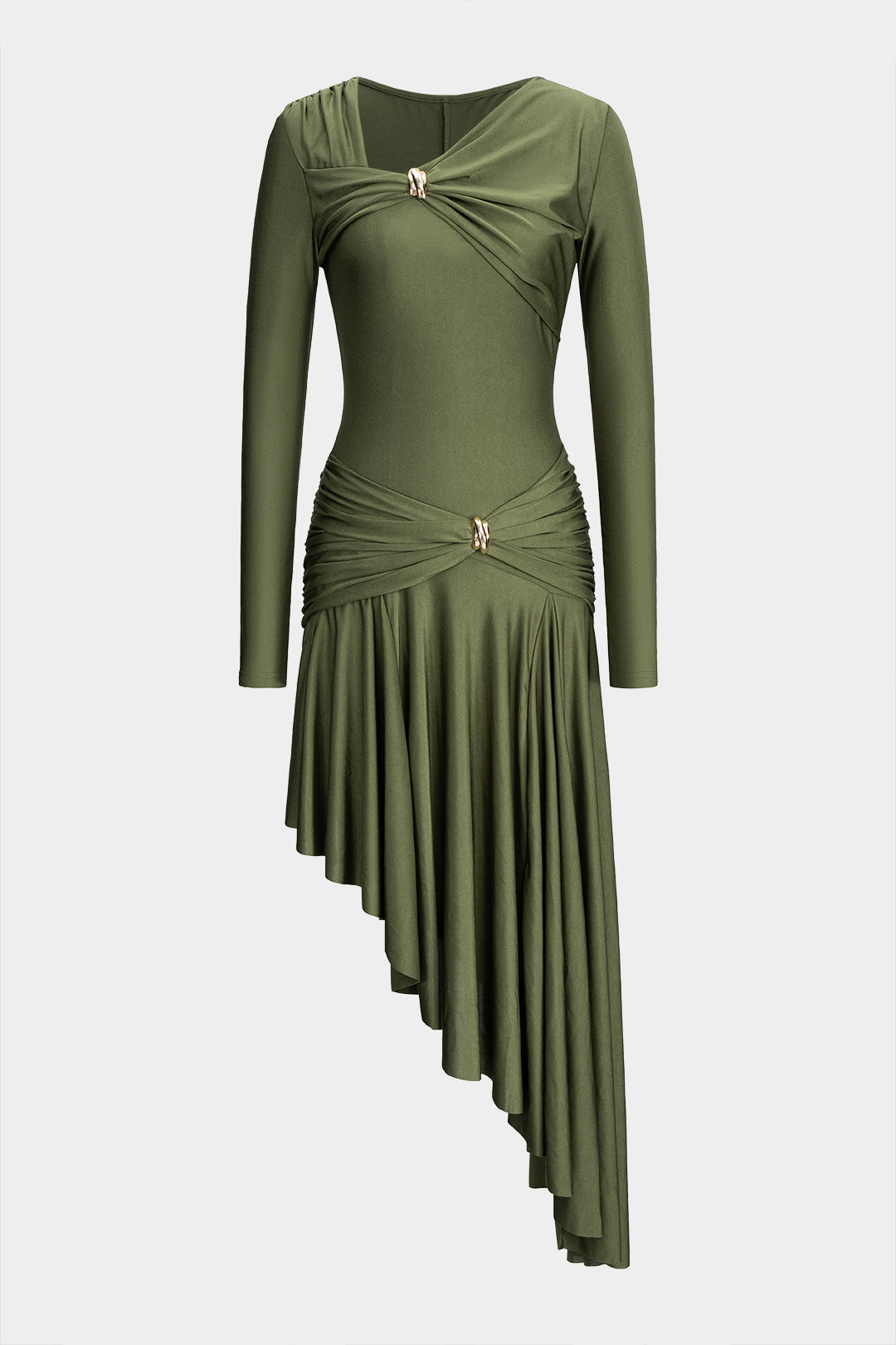 Metallic Ruched Asymmetrical Irregular Hem Long Sleeve Midi Dress