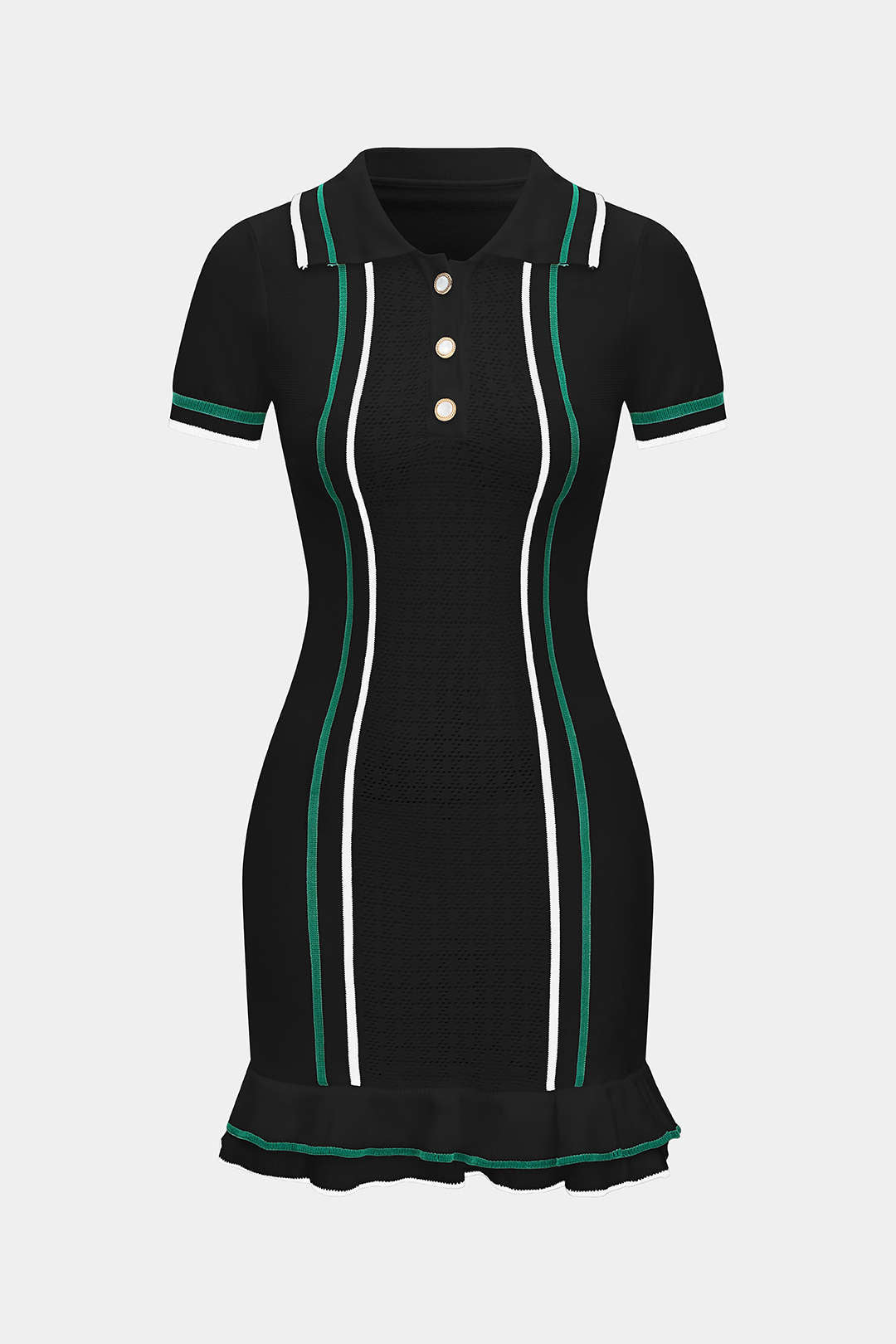 Open Knit Contrast Button Ruffle Short Sleeve Mini Dress