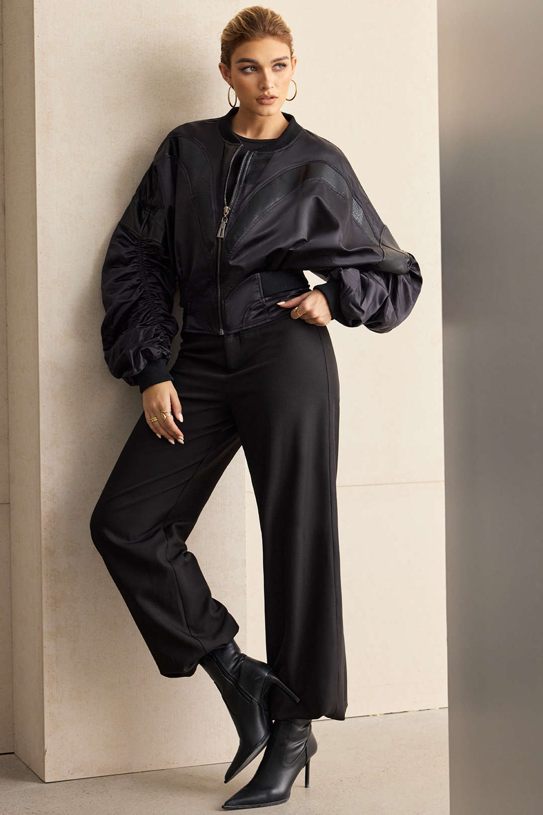 Faux Leather Patchwork Satin Zipper Jacket