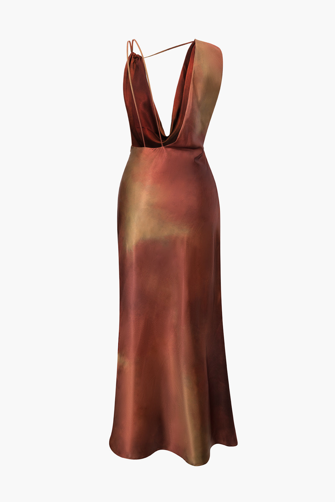 Robe longue asymétrique en satin à col bénitier et tie-dye