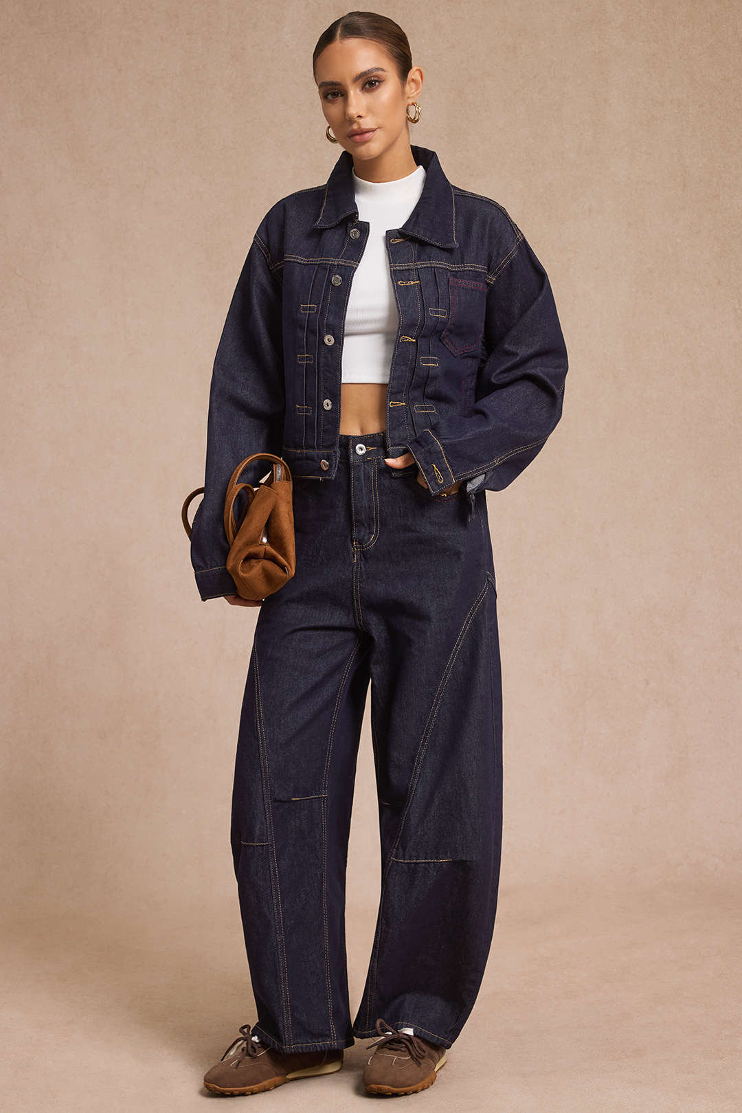 Denim Cropped Jacket And Barrel Jeans Set