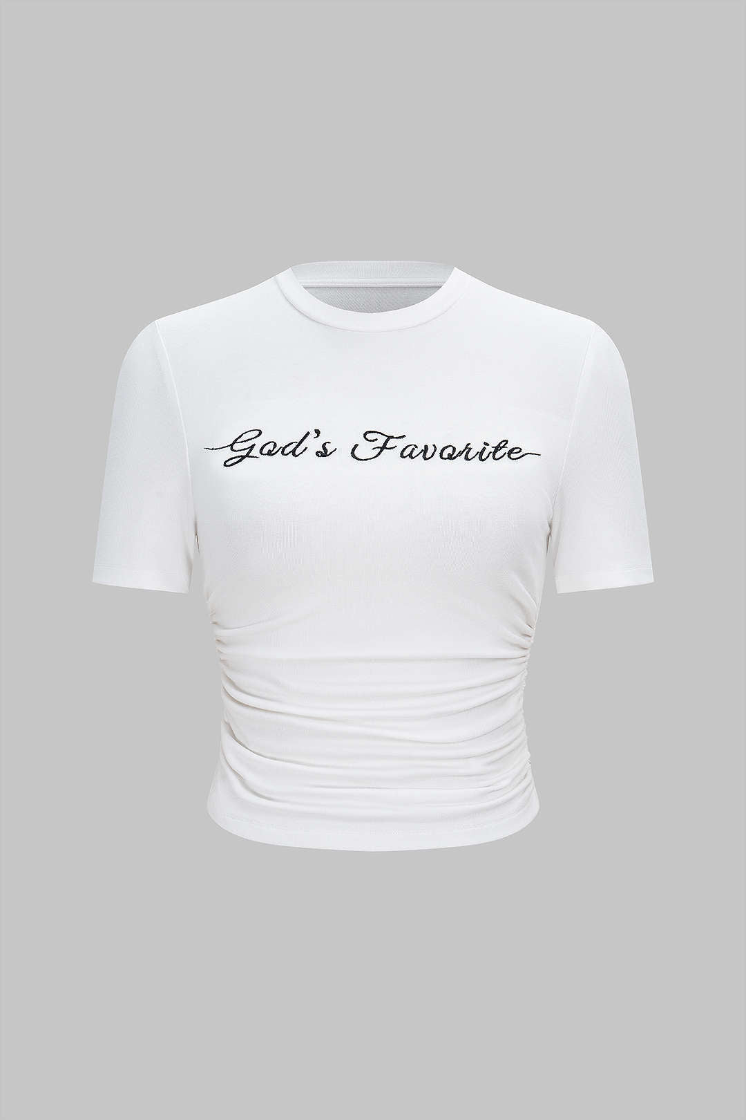 T-shirt à manches courtes froncé à col rond avec broderie lettre
