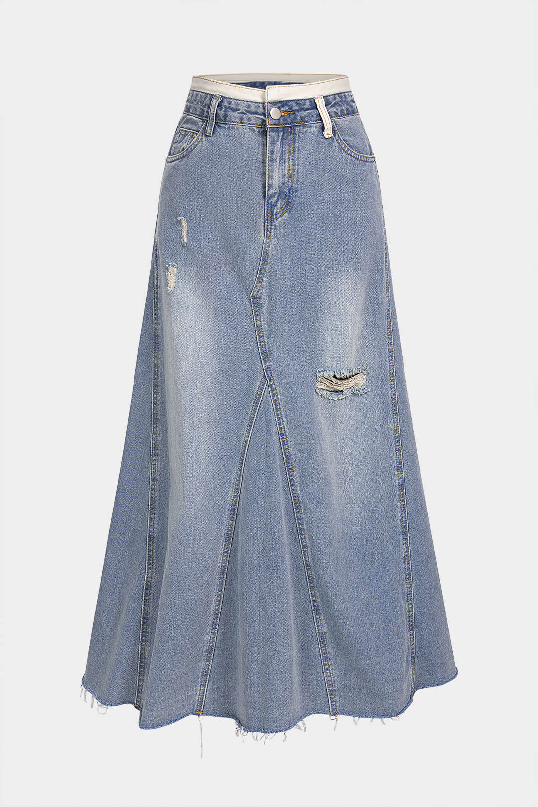 Doppelter Denim-Bund Rock mit Rissen