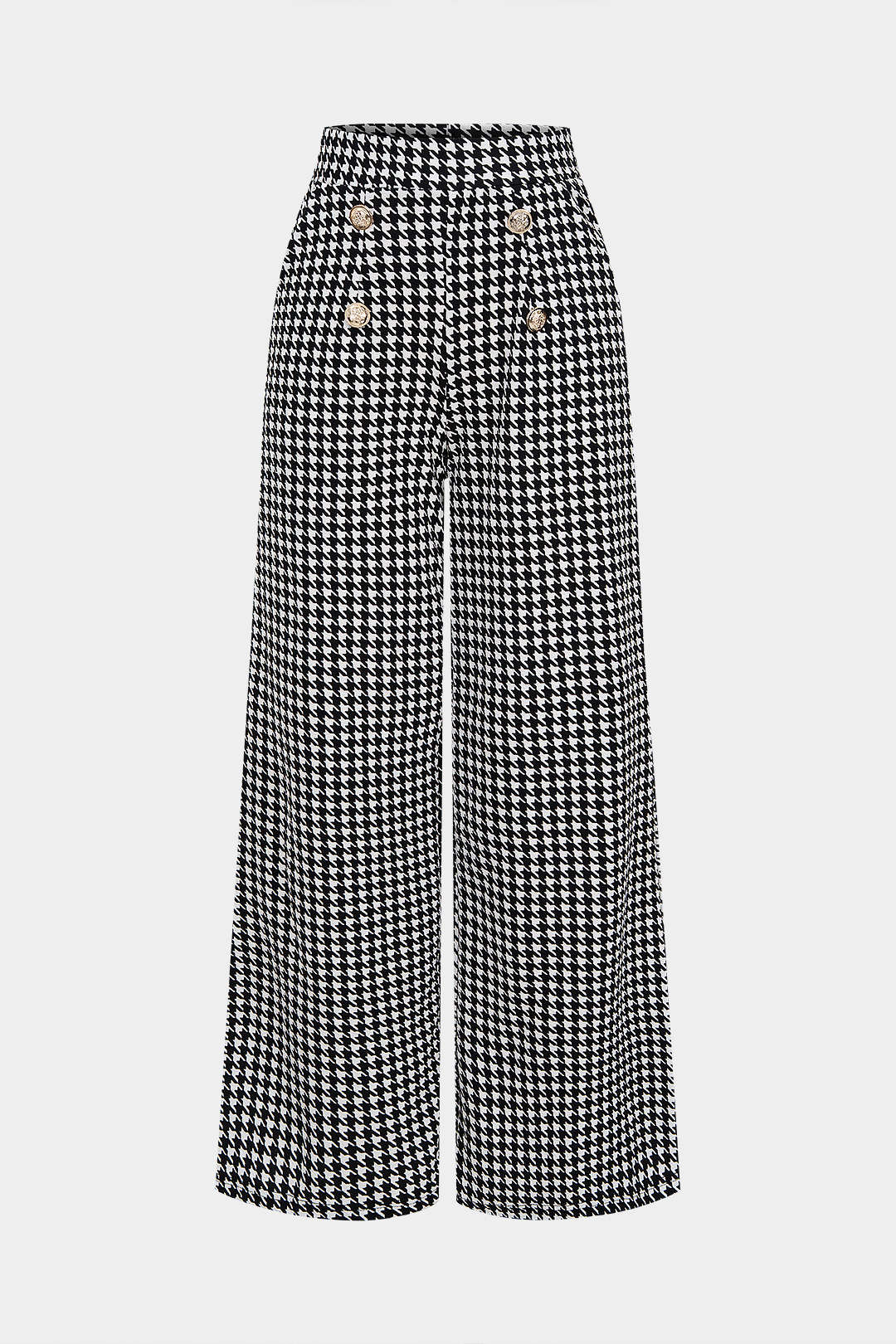Hahnentritt-Hose mit hohem Bund, Knöpfen und weitem Bein